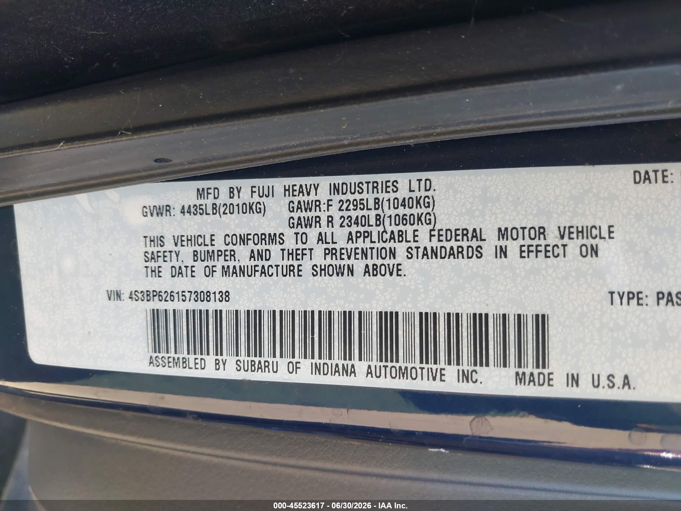 2005 Subaru Legacy 2.5i Limited Blue vin: 4S3BP626157308138