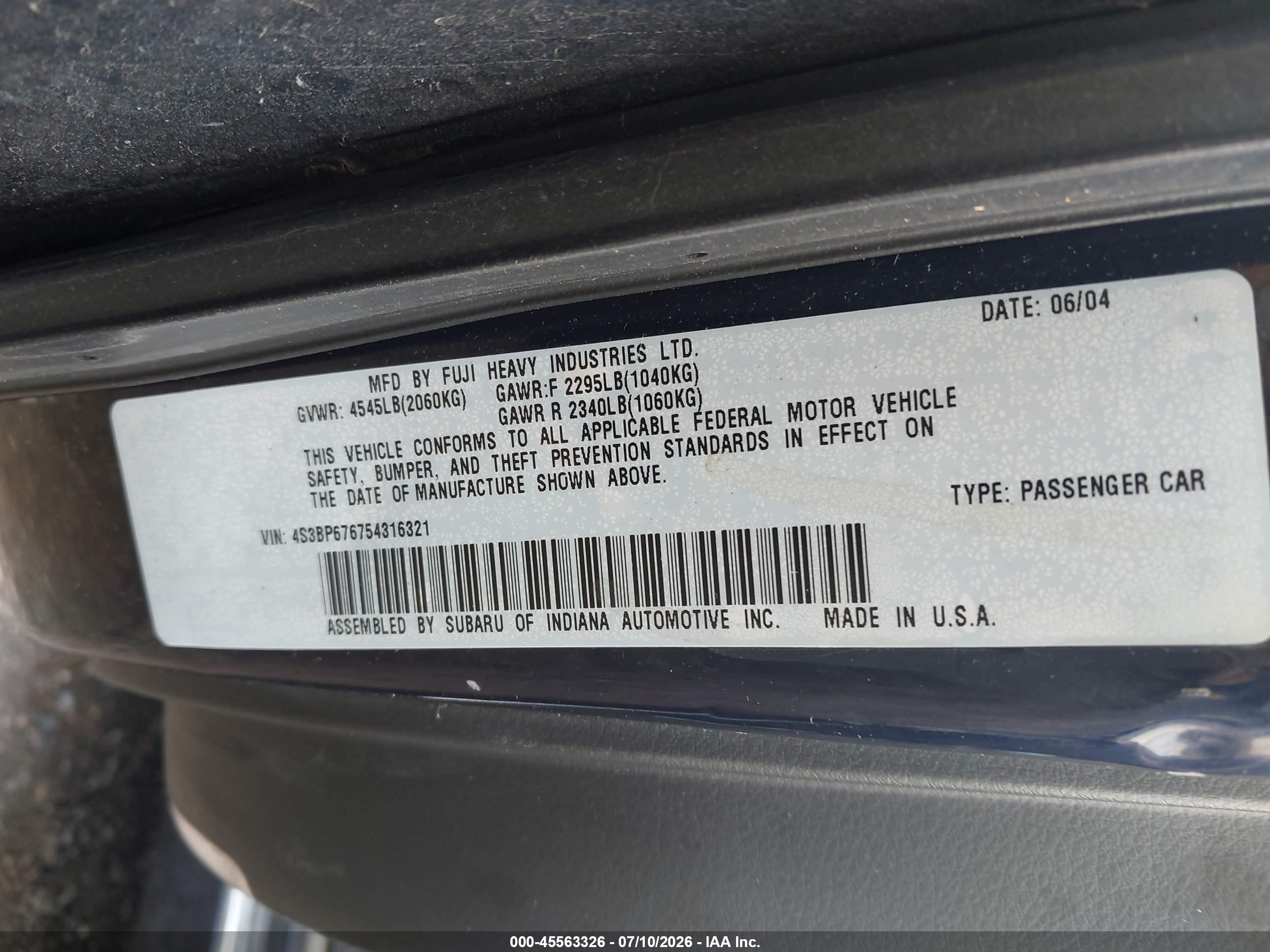 2005 Subaru Legacy 2.5gt Limited Blue vin: 4S3BP676754316321
