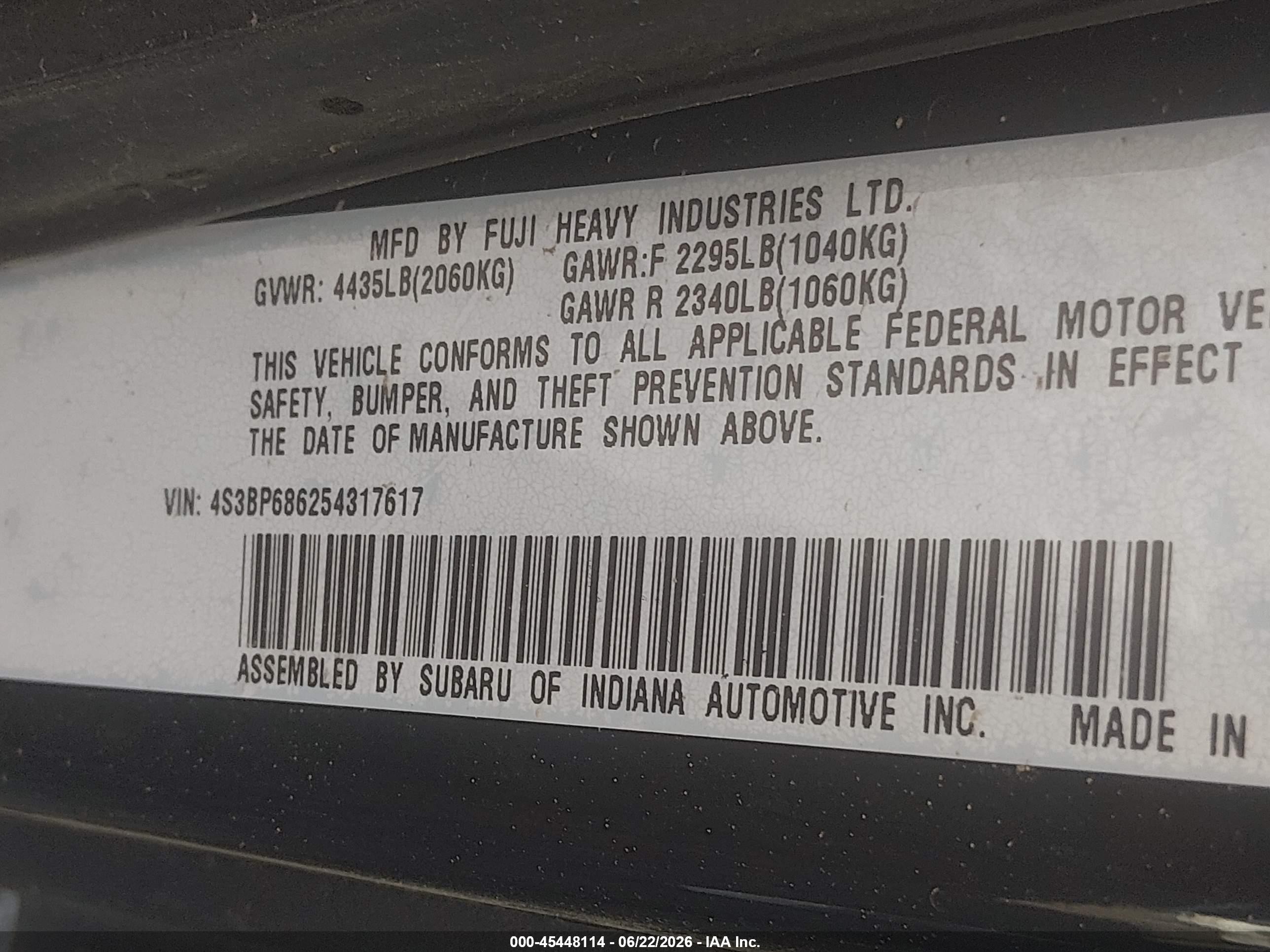2005 Subaru Legacy 2.5gt Black vin: 4S3BP686254317617