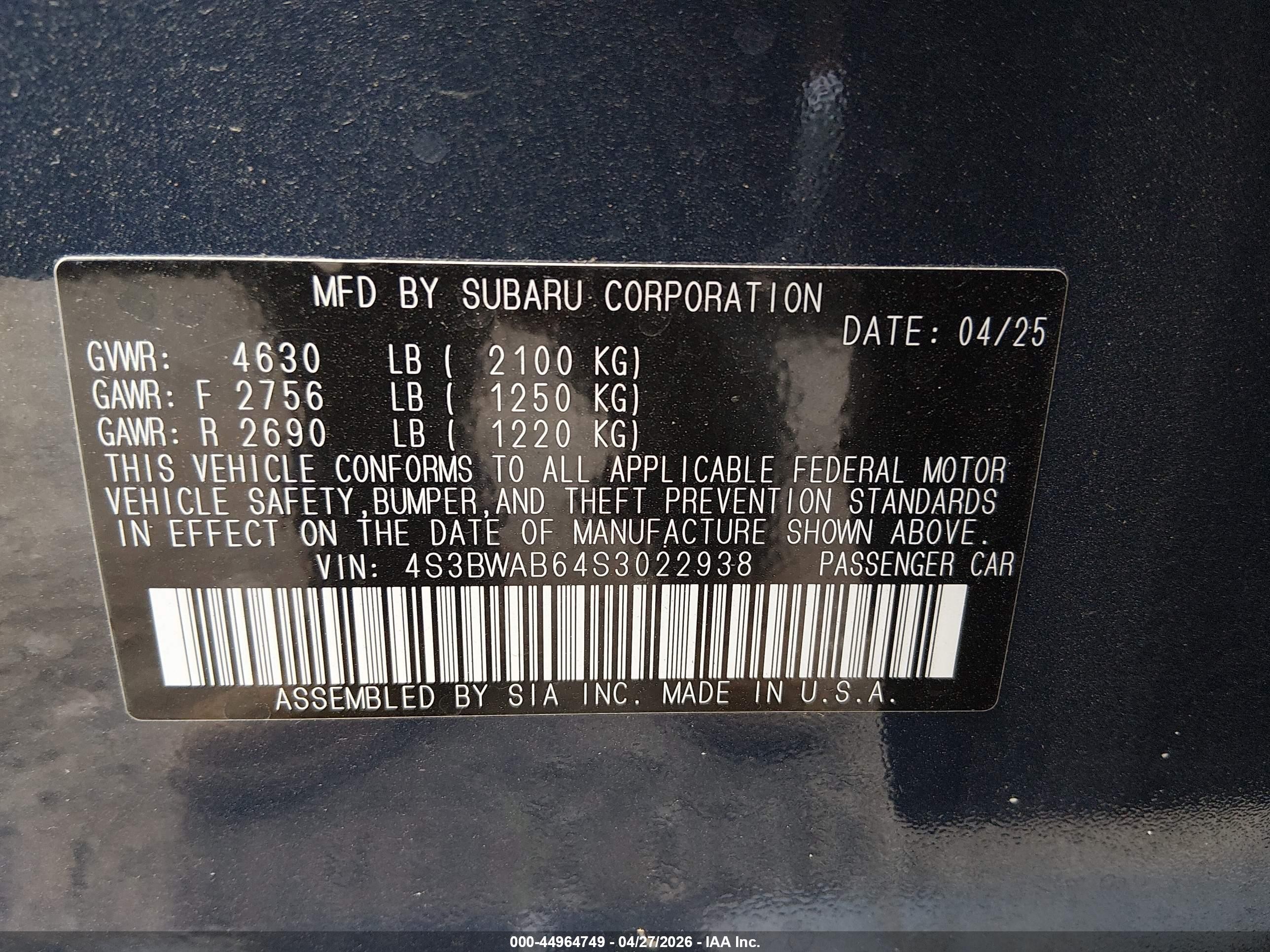2025 Subaru Legacy   Blue vin: 4S3BWAB64S3022938