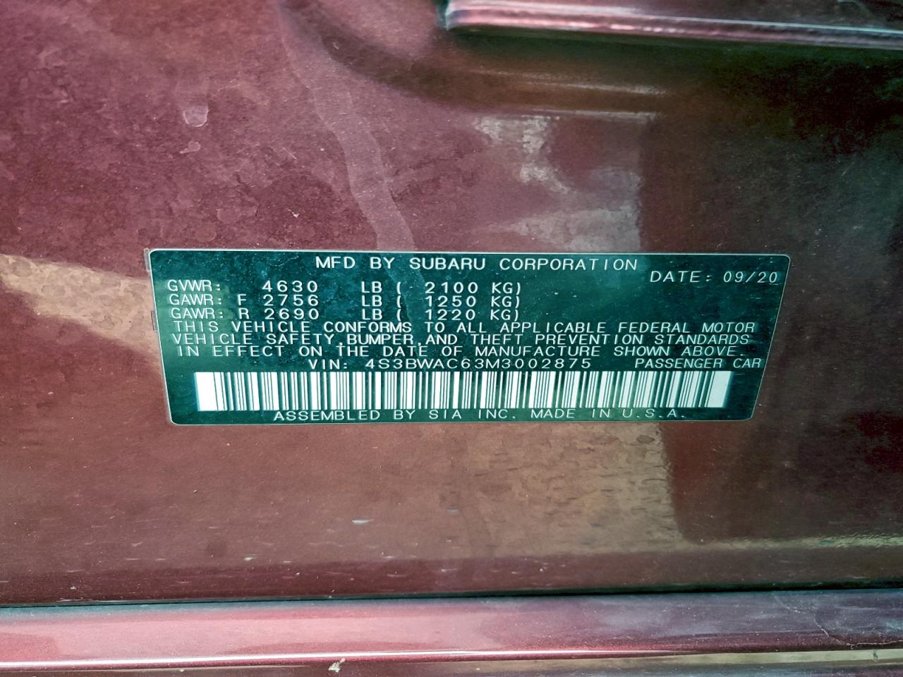 2021 Subaru Legacy Premium Red vin: 4S3BWAC63M3002875