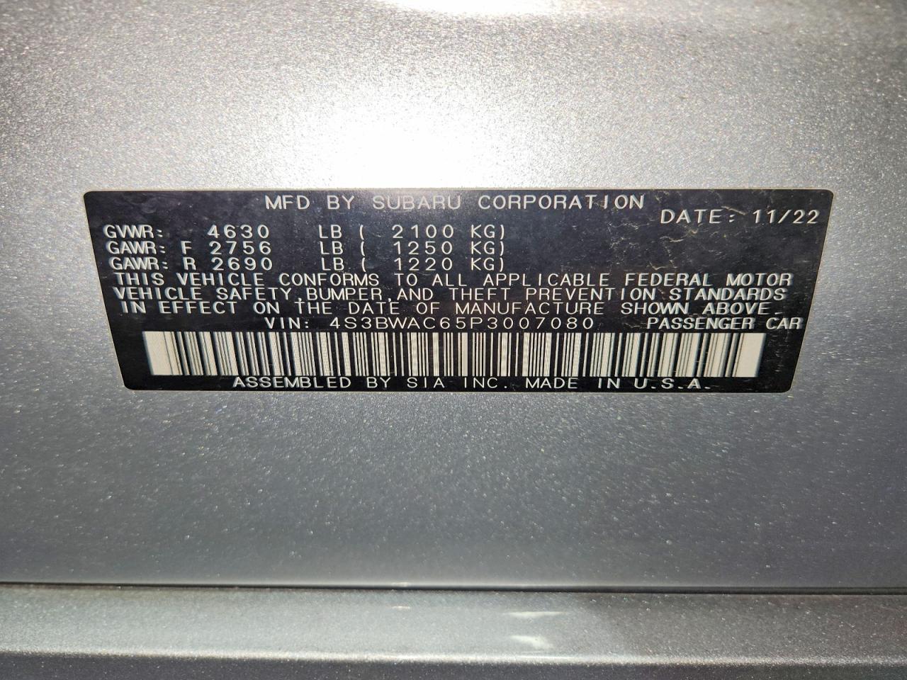 2023 Subaru Legacy Premium Silver vin: 4S3BWAC65P3007080