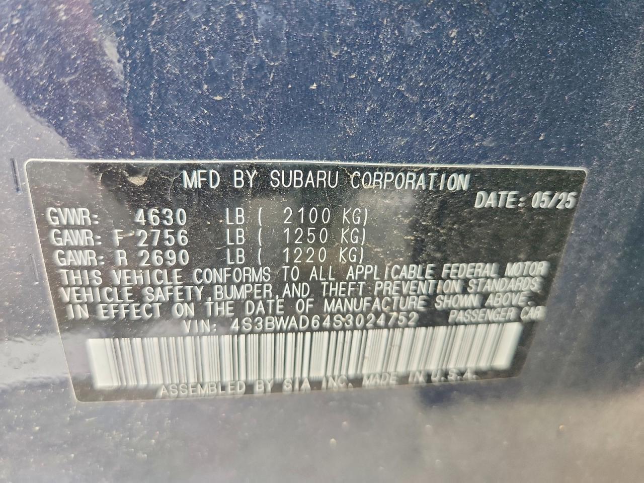 2025 Subaru Legacy Premium Blue vin: 4S3BWAD64S3024752
