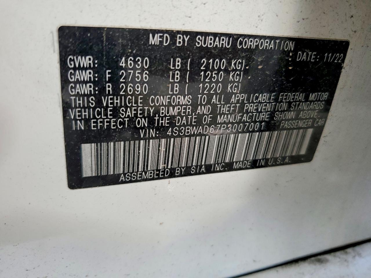 2023 Subaru Legacy Premium White vin: 4S3BWAD67P3007001