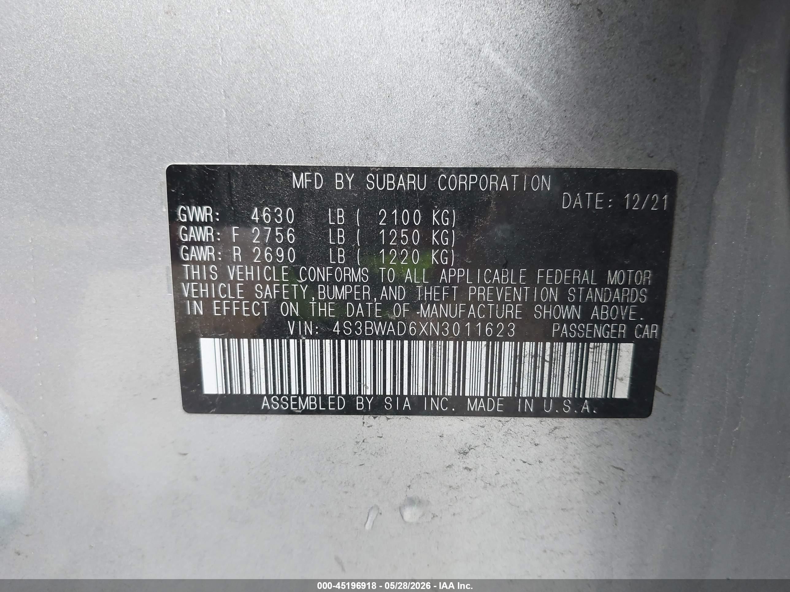 2022 Subaru Legacy Premium Серебряный vin: 4S3BWAD6XN3011623