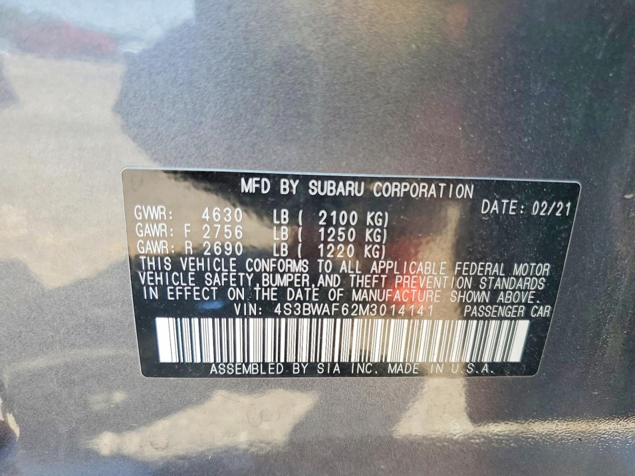 2021 Subaru Legacy Premium Серый vin: 4S3BWAF62M3014141