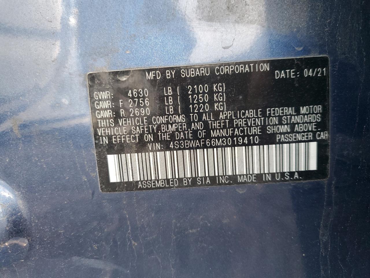 2021 Subaru Legacy Premium Blue vin: 4S3BWAF66M3019410