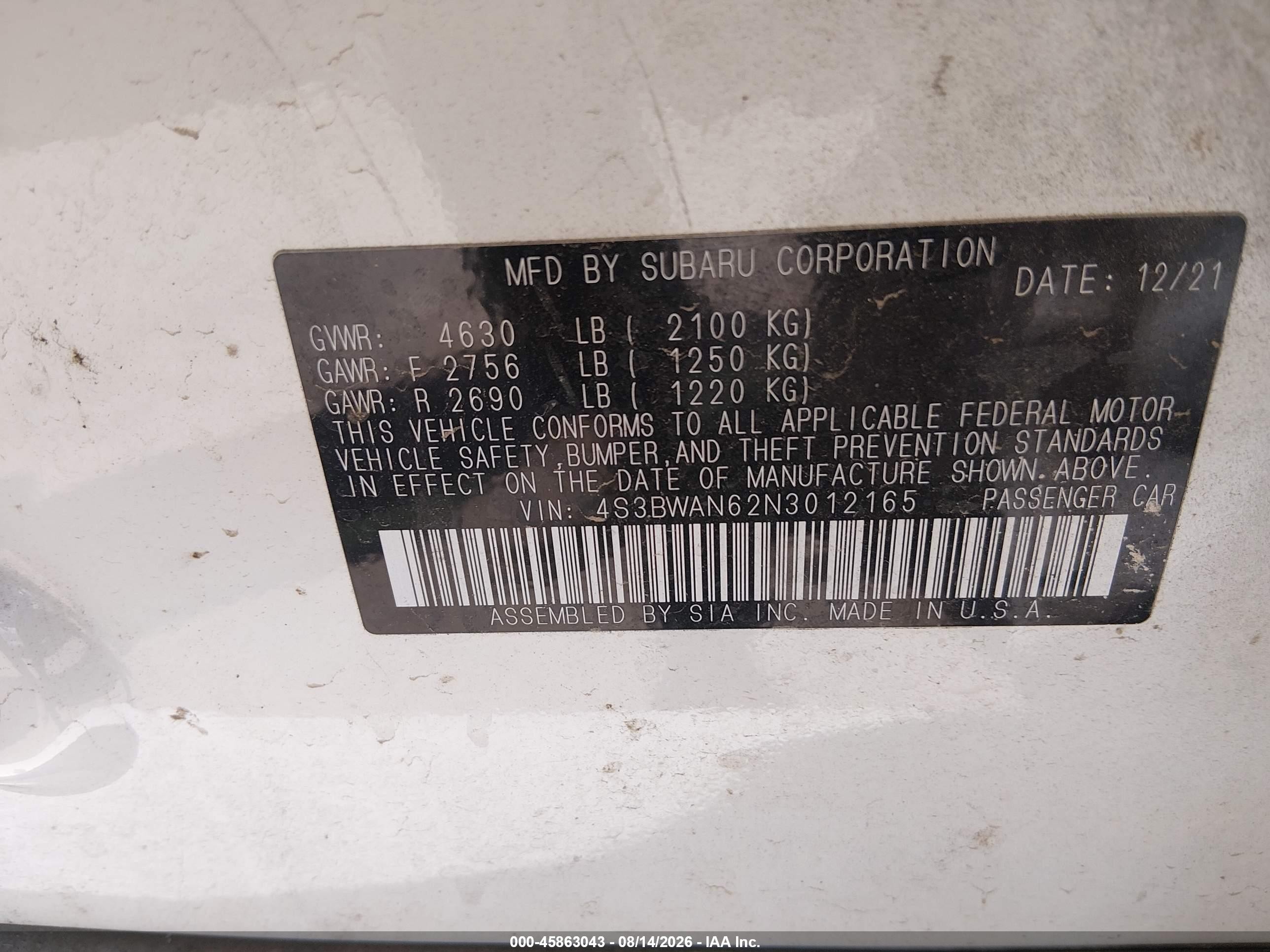 2022 Subaru Legacy Limited White vin: 4S3BWAN62N3012165
