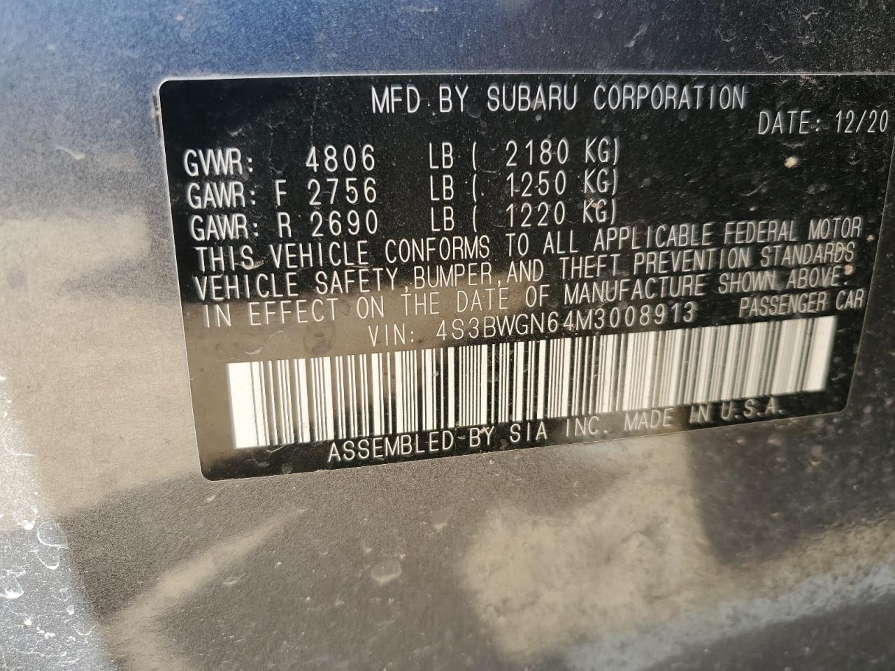 2021 Subaru Legacy Limited Xt Gray vin: 4S3BWGN64M3008913
