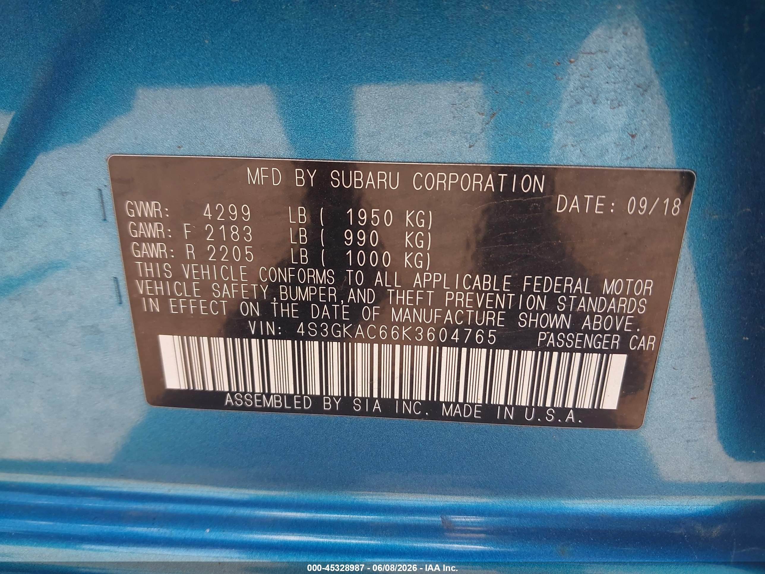 2019 Subaru Impreza 2.0i Premium Blue vin: 4S3GKAC66K3604765