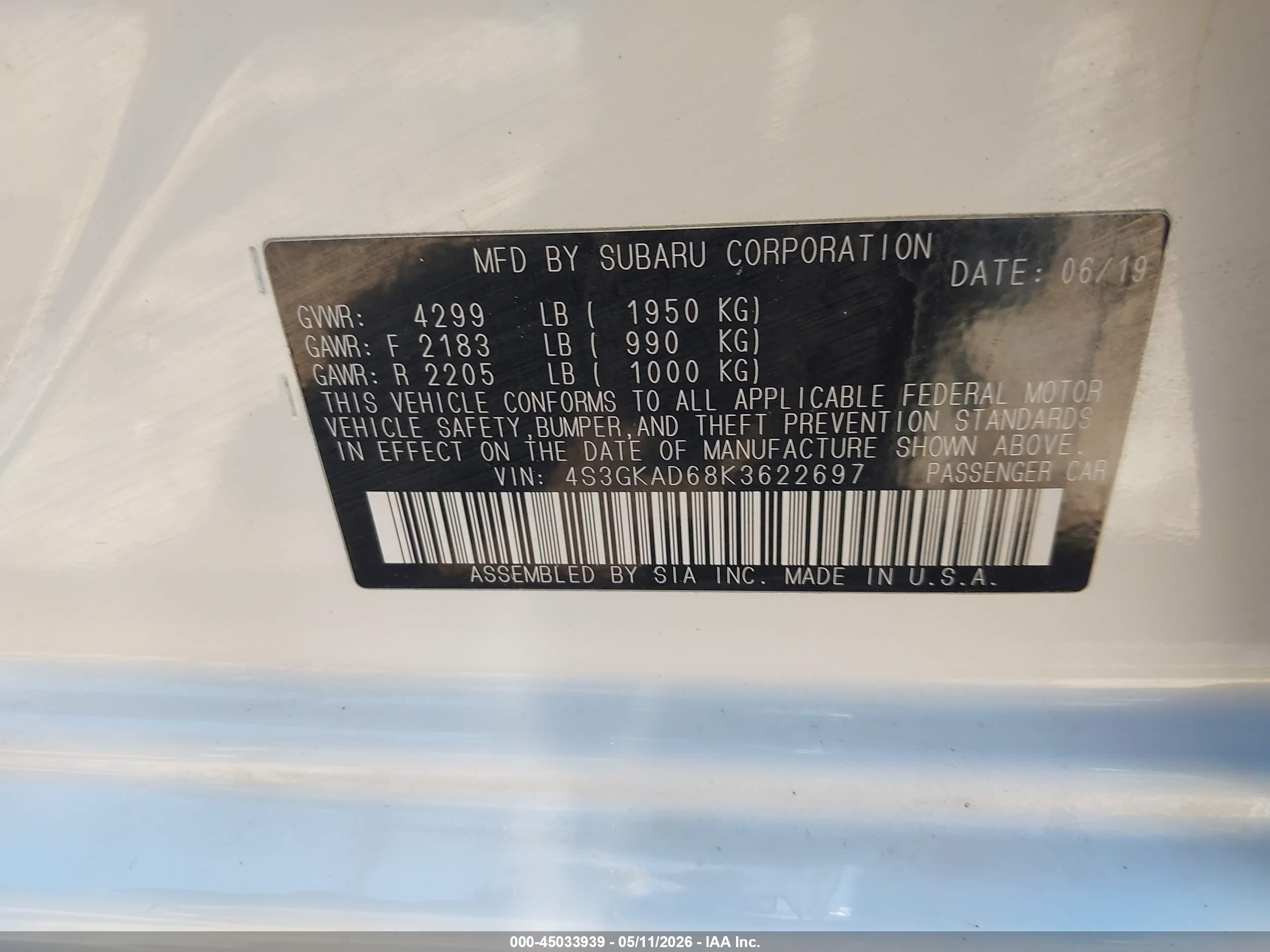 2019 Subaru Impreza 2.0i Premium White vin: 4S3GKAD68K3622697