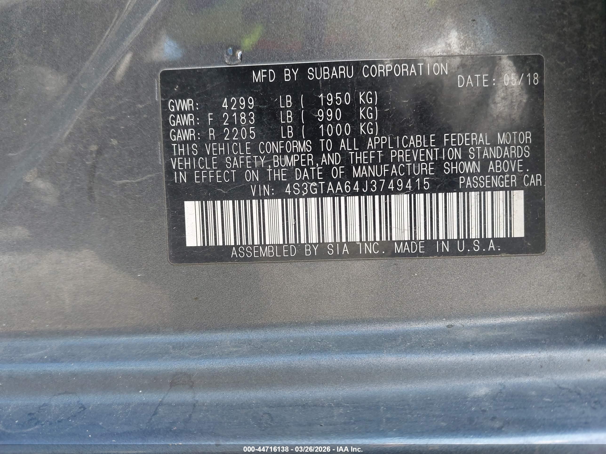 2018 Subaru Impreza 2.0i Gray vin: 4S3GTAA64J3749415