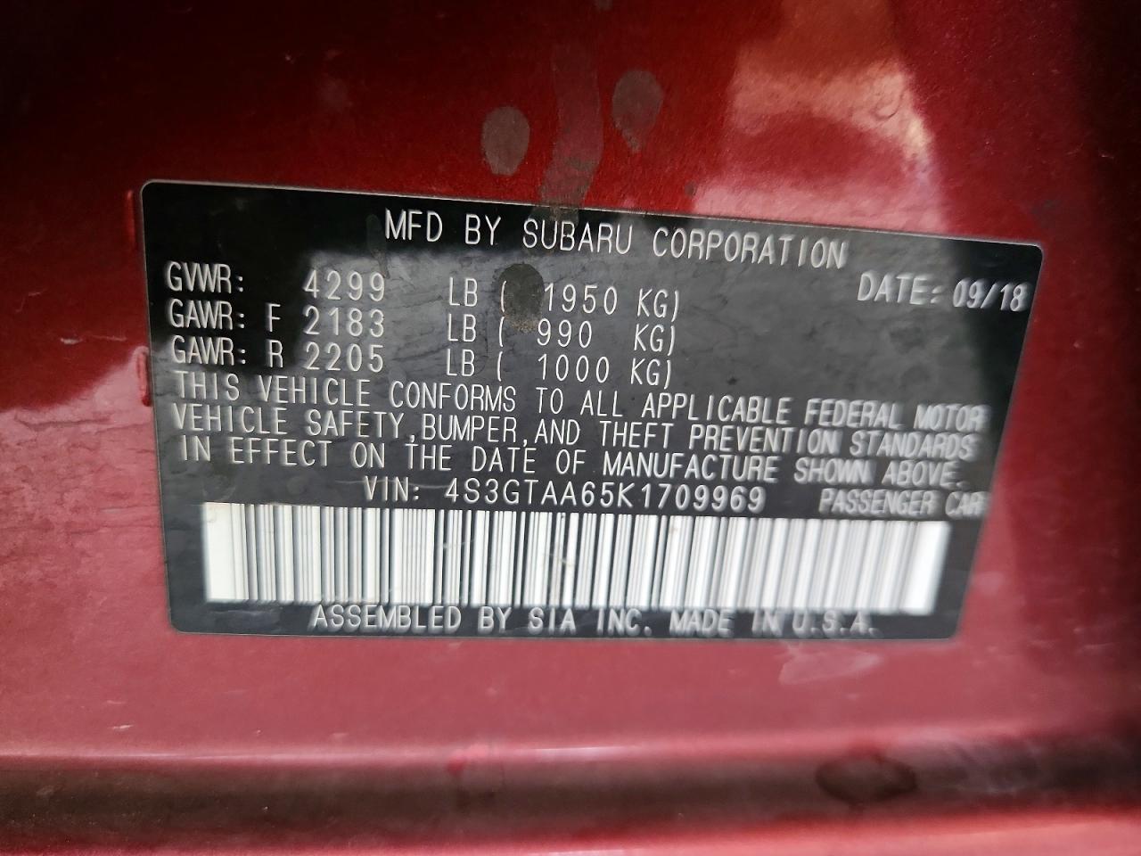 2019 Subaru Impreza Бордовый vin: 4S3GTAA65K1709969