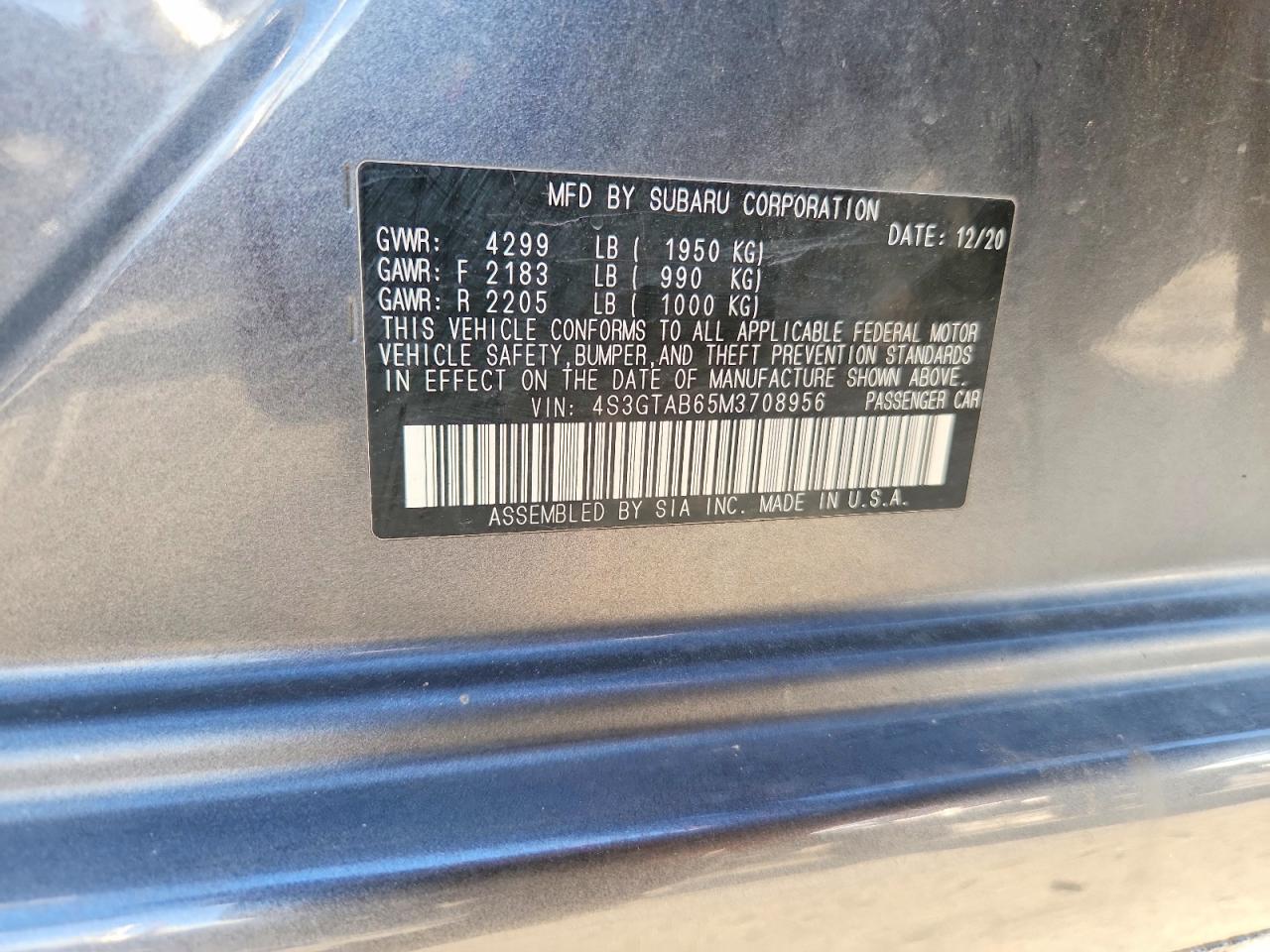 2021 Subaru Impreza Gray vin: 4S3GTAB65M3708956
