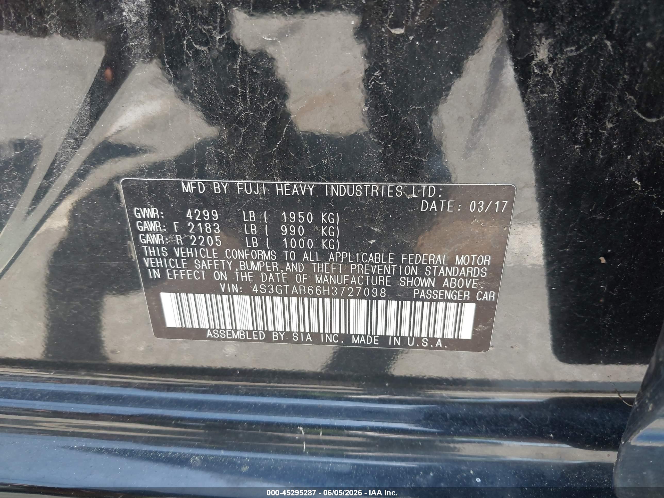 2017 Subaru Impreza 2.0i Premium Black vin: 4S3GTAB66H3727098