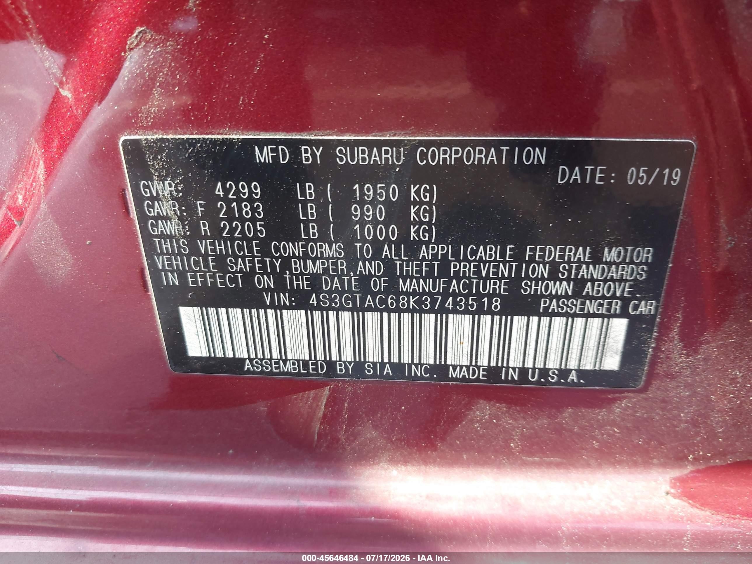 2019 Subaru Impreza 2.0i Premium Maroon vin: 4S3GTAC68K3743518