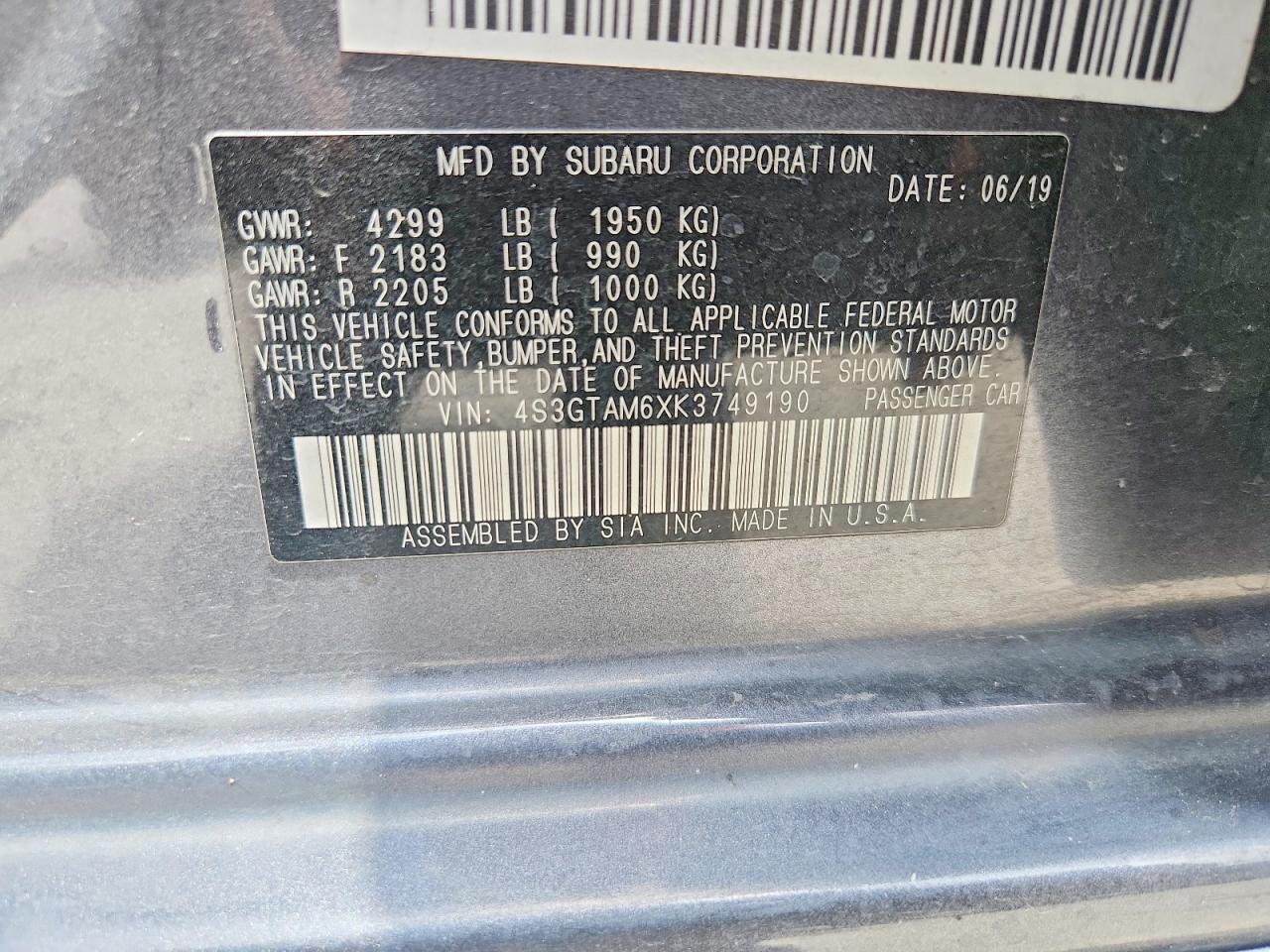 2019 Subaru Impreza Sport Charcoal vin: 4S3GTAM6XK3749190