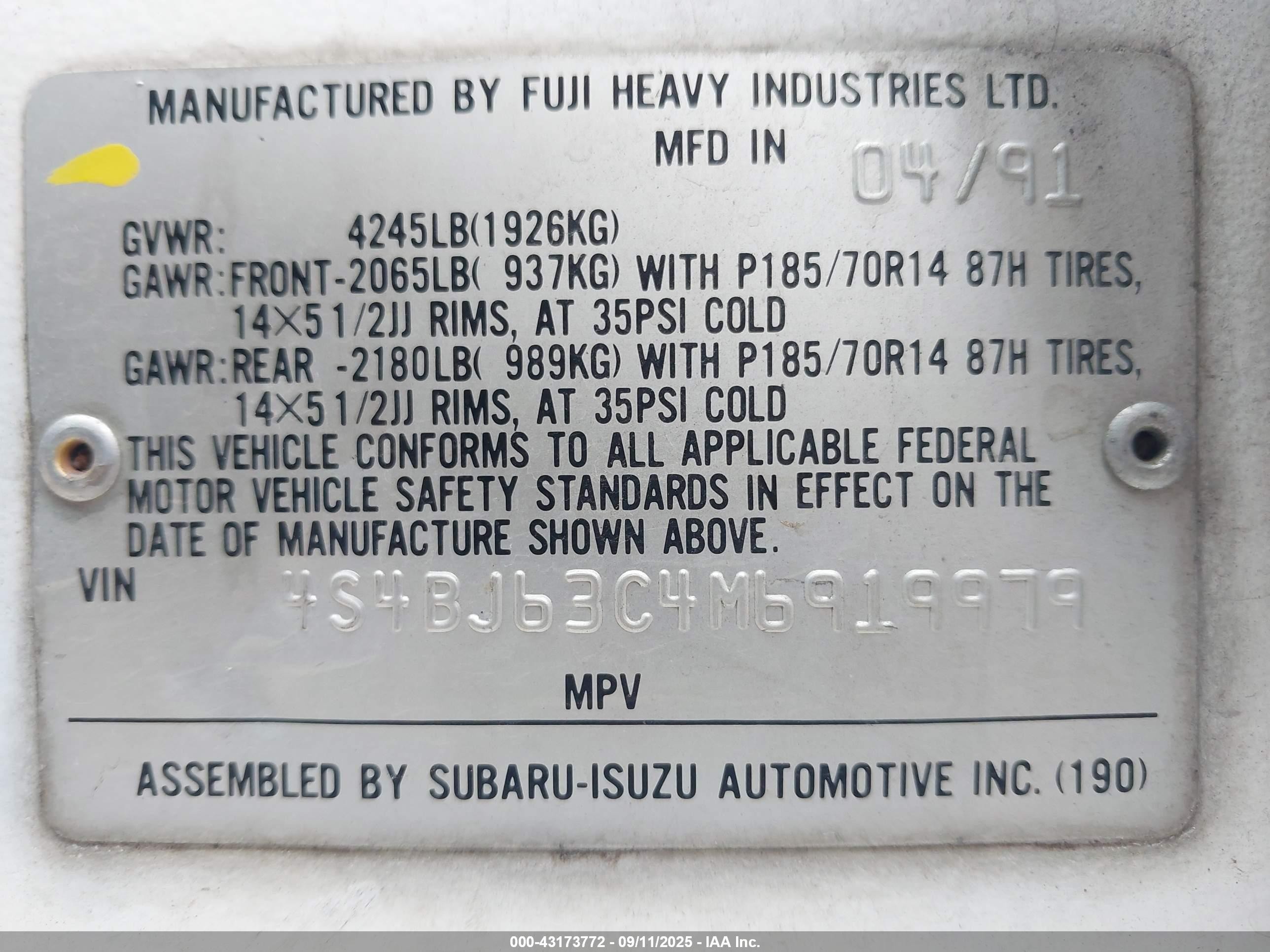 1991 Subaru Legacy L/hx/px/rx Белый vin: 4S4BJ63C4M6919979