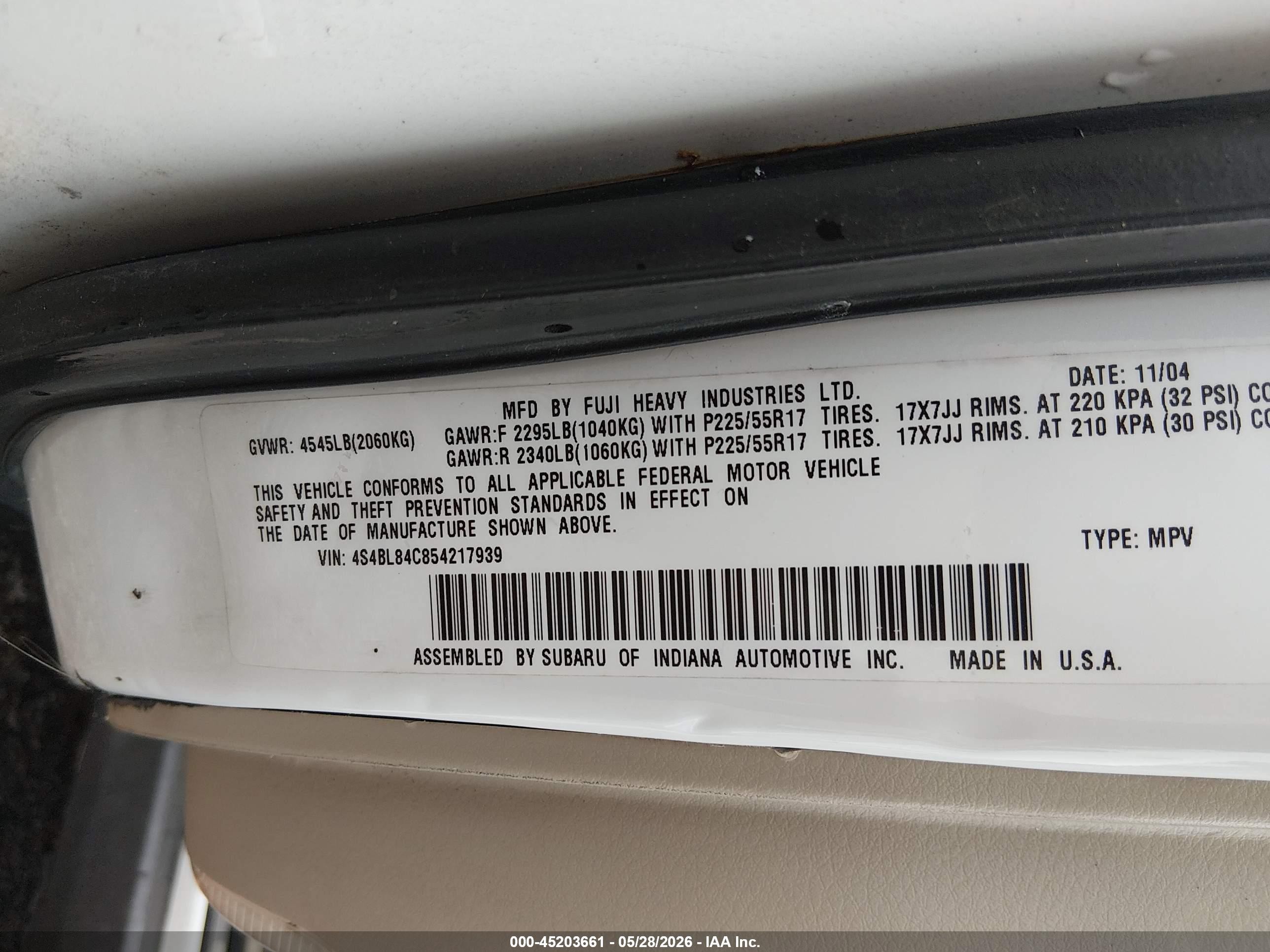 2005 Subaru Outback 3.0r White vin: 4S4BL84C854217939