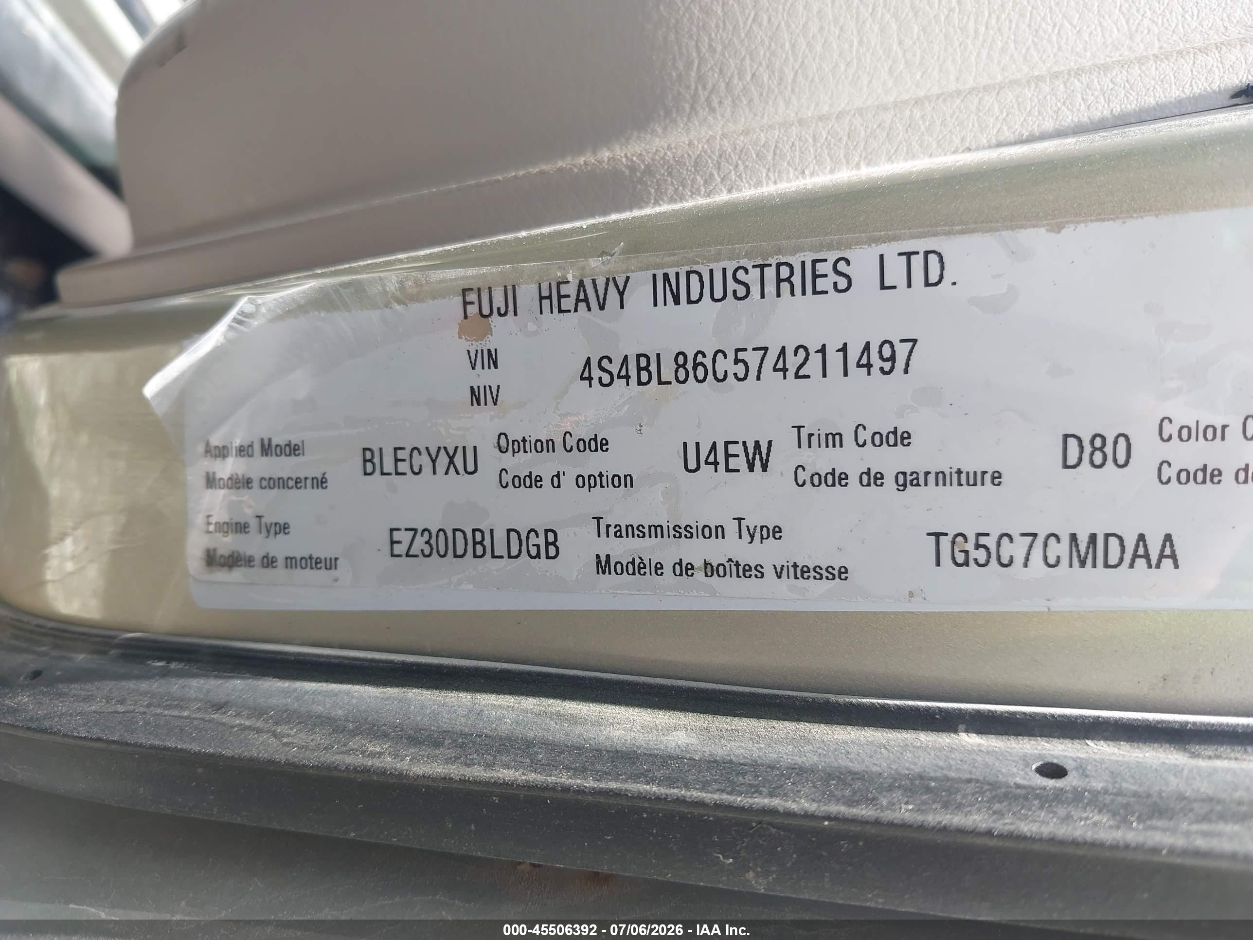 2007 Subaru Outback 3.0r L.l. Bean Edition Gold vin: 4S4BL86C574211497