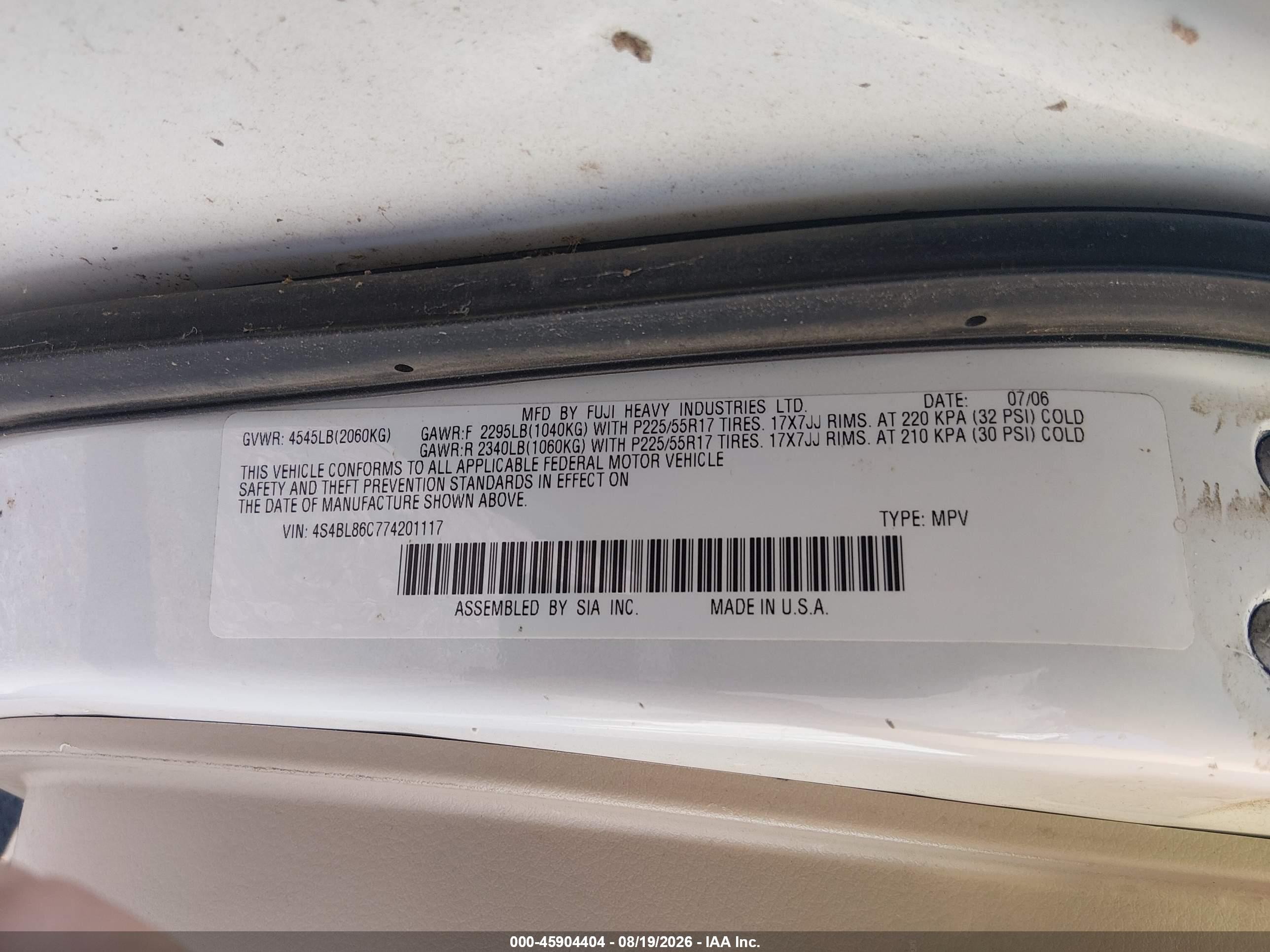 2007 Subaru Outback 3.0r L.l. Bean Edition White vin: 4S4BL86C774201117