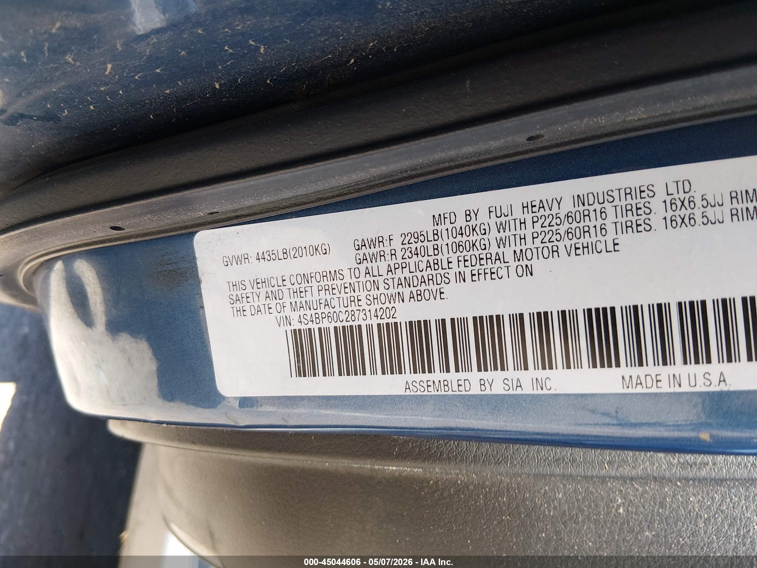 2008 Subaru Outback   Blue vin: 4S4BP60C287314202