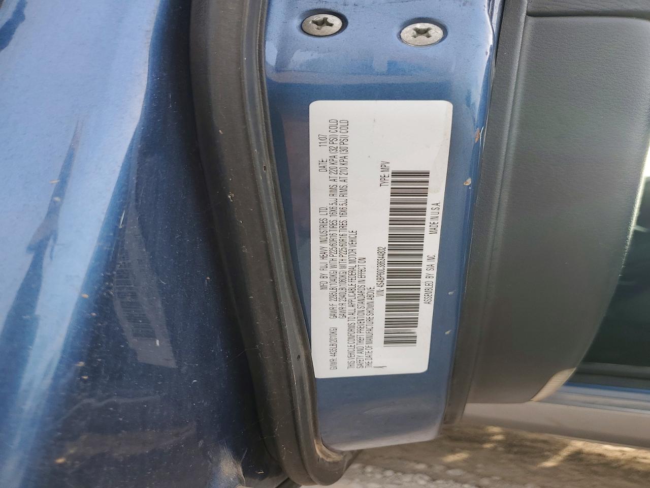 2008 Subaru Outback Blue vin: 4S4BP60C386344802