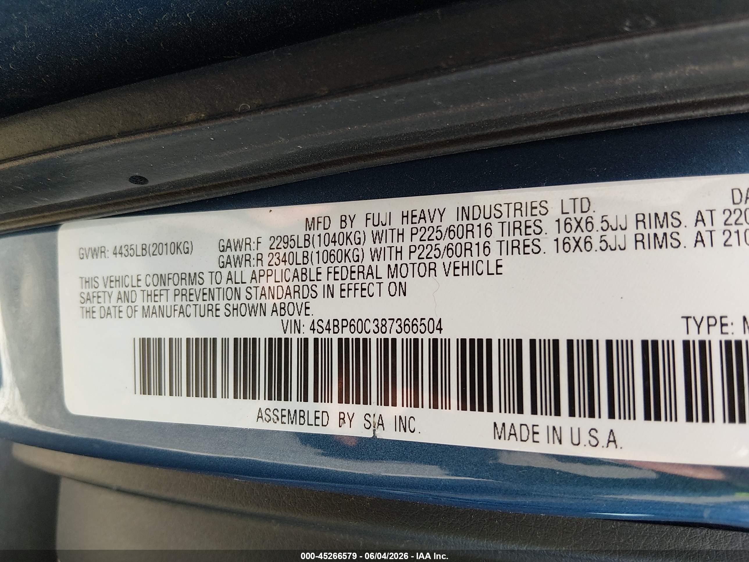 2008 Subaru Outback   Blue vin: 4S4BP60C387366504