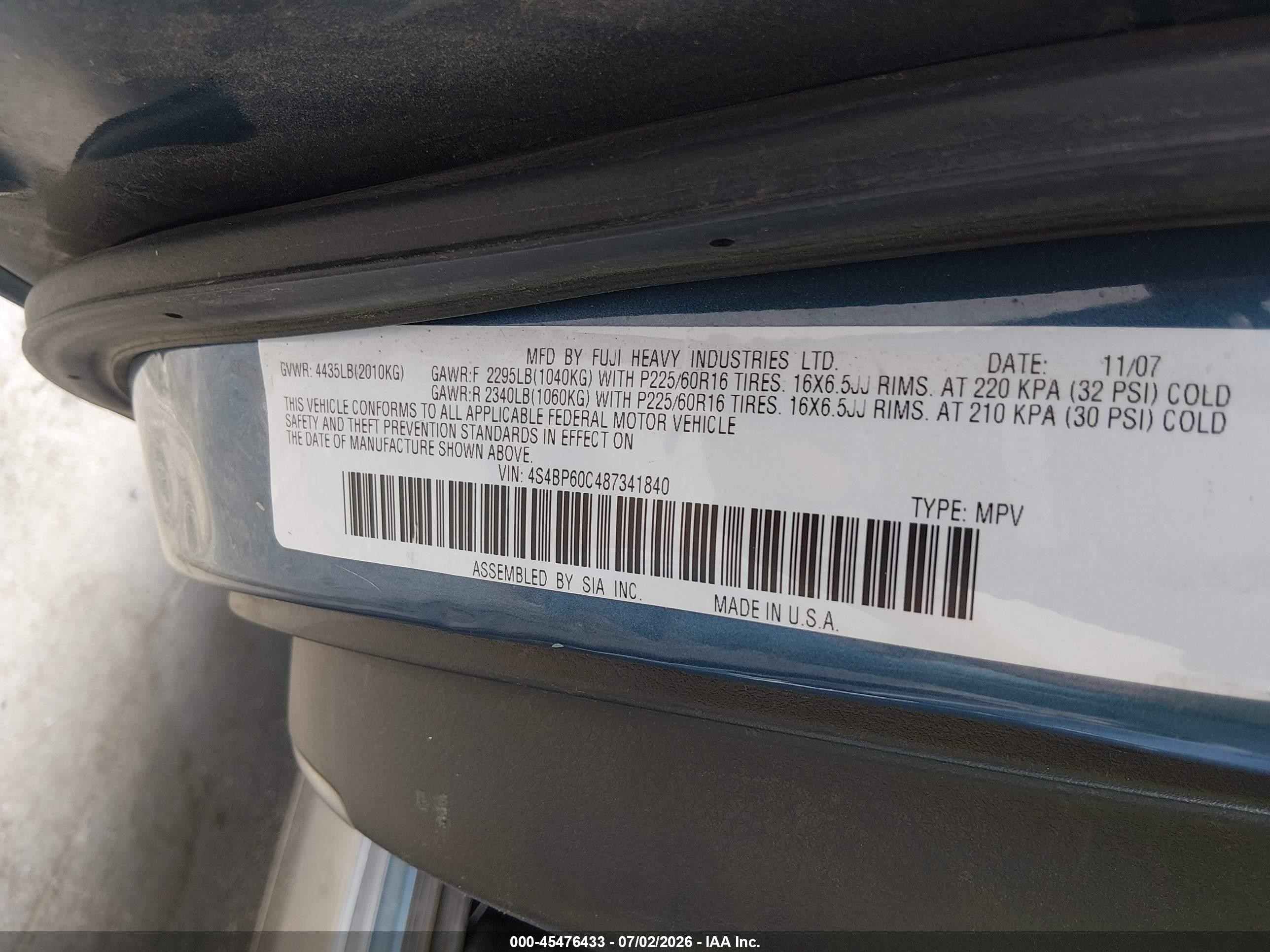2008 Subaru Outback (natl)   Blue vin: 4S4BP60C487341840