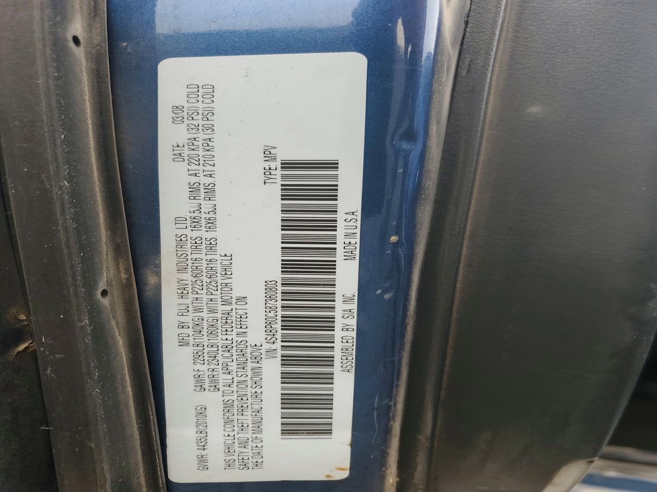 2008 Subaru Outback Blue vin: 4S4BP60C587360803
