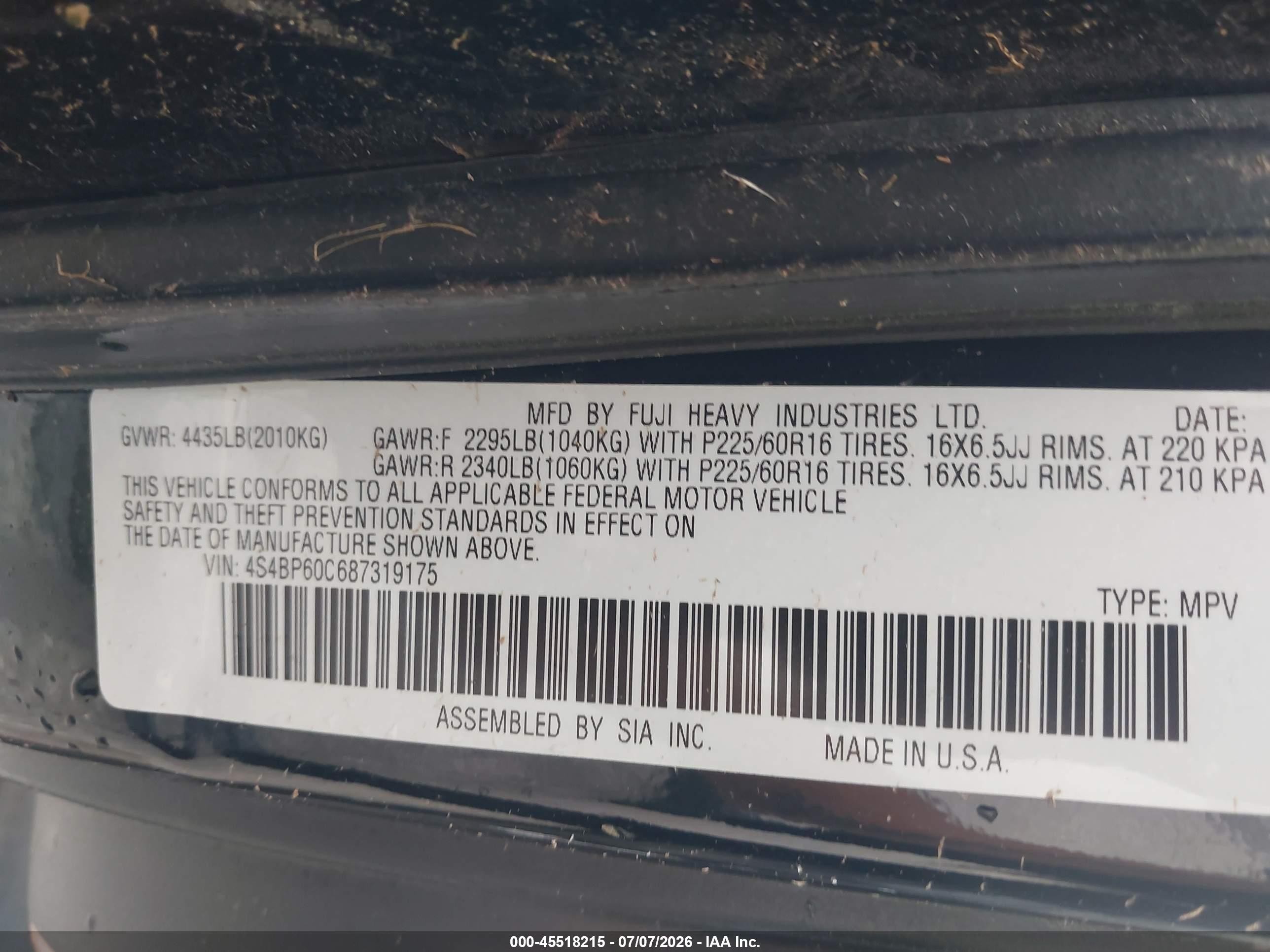2008 Subaru Outback (natl)   Black vin: 4S4BP60C687319175
