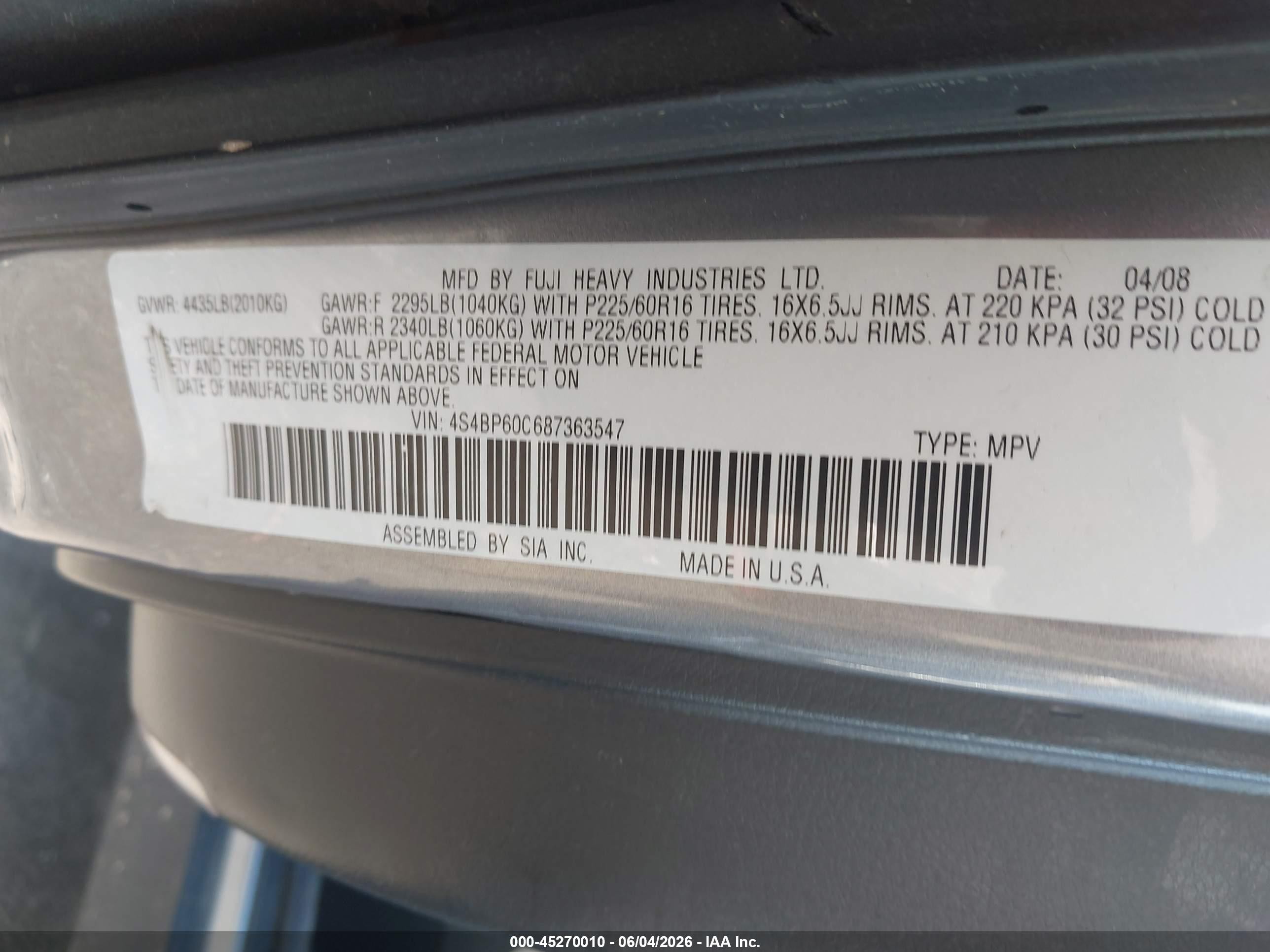 2008 Subaru Outback   Silver vin: 4S4BP60C687363547