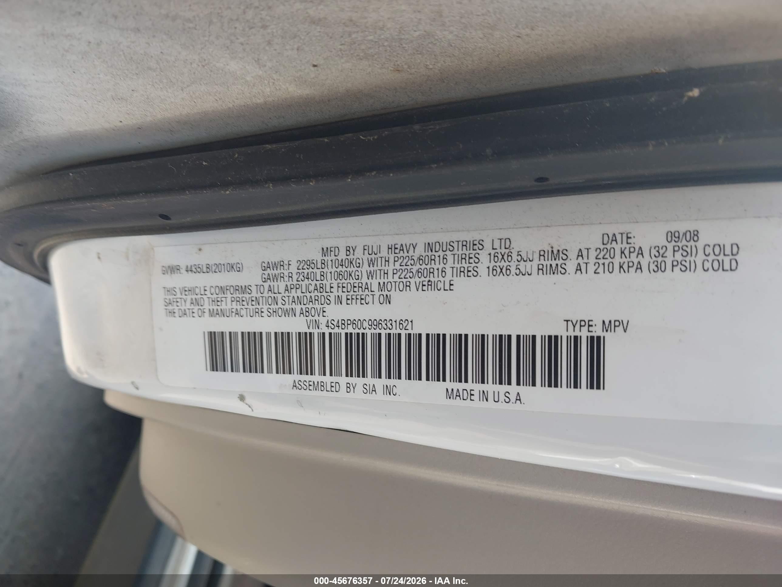 2009 Subaru Outback 2.5i Белый vin: 4S4BP60C996331621