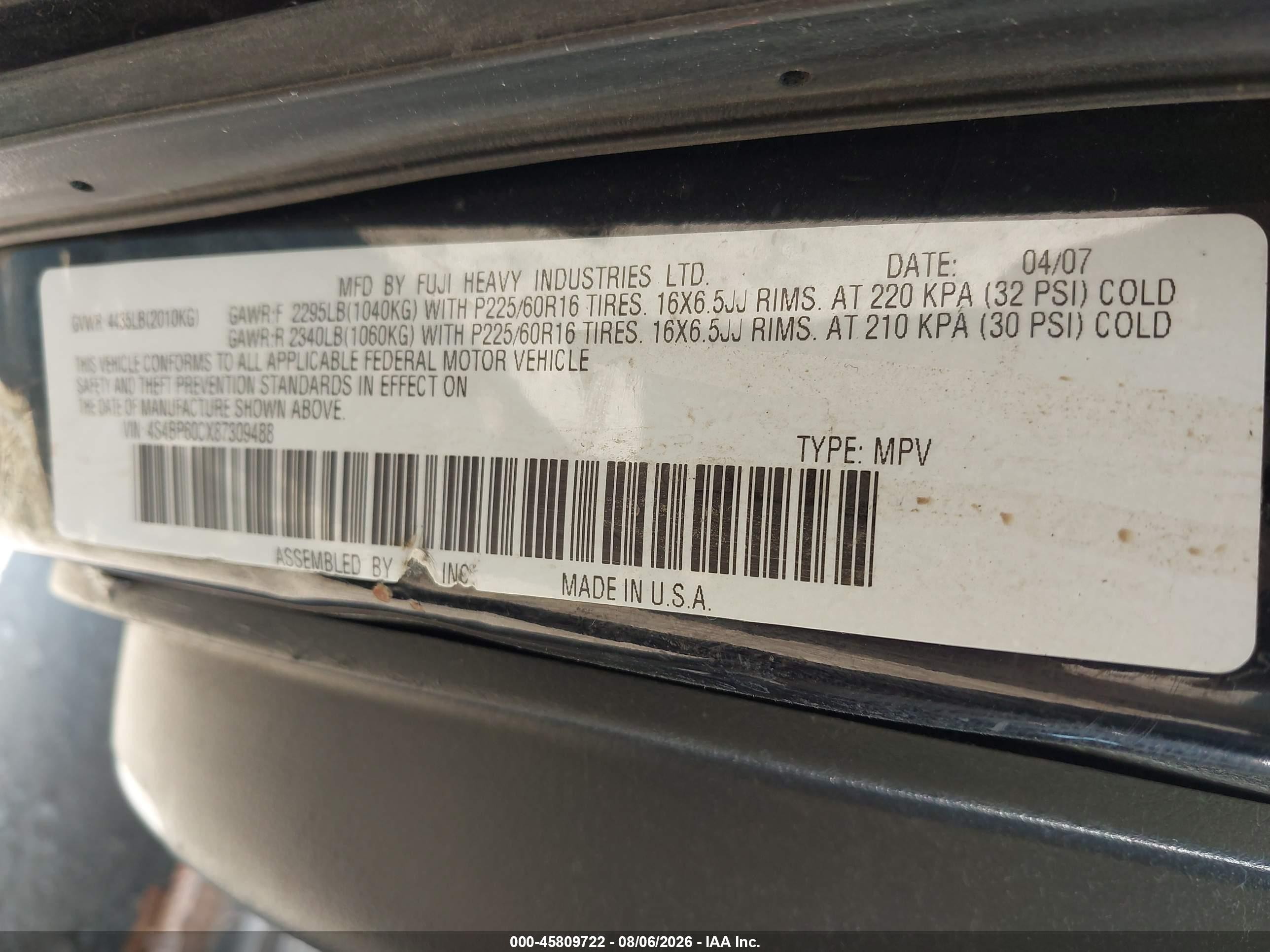 2008 Subaru Outback Black vin: 4S4BP60CX87309488
