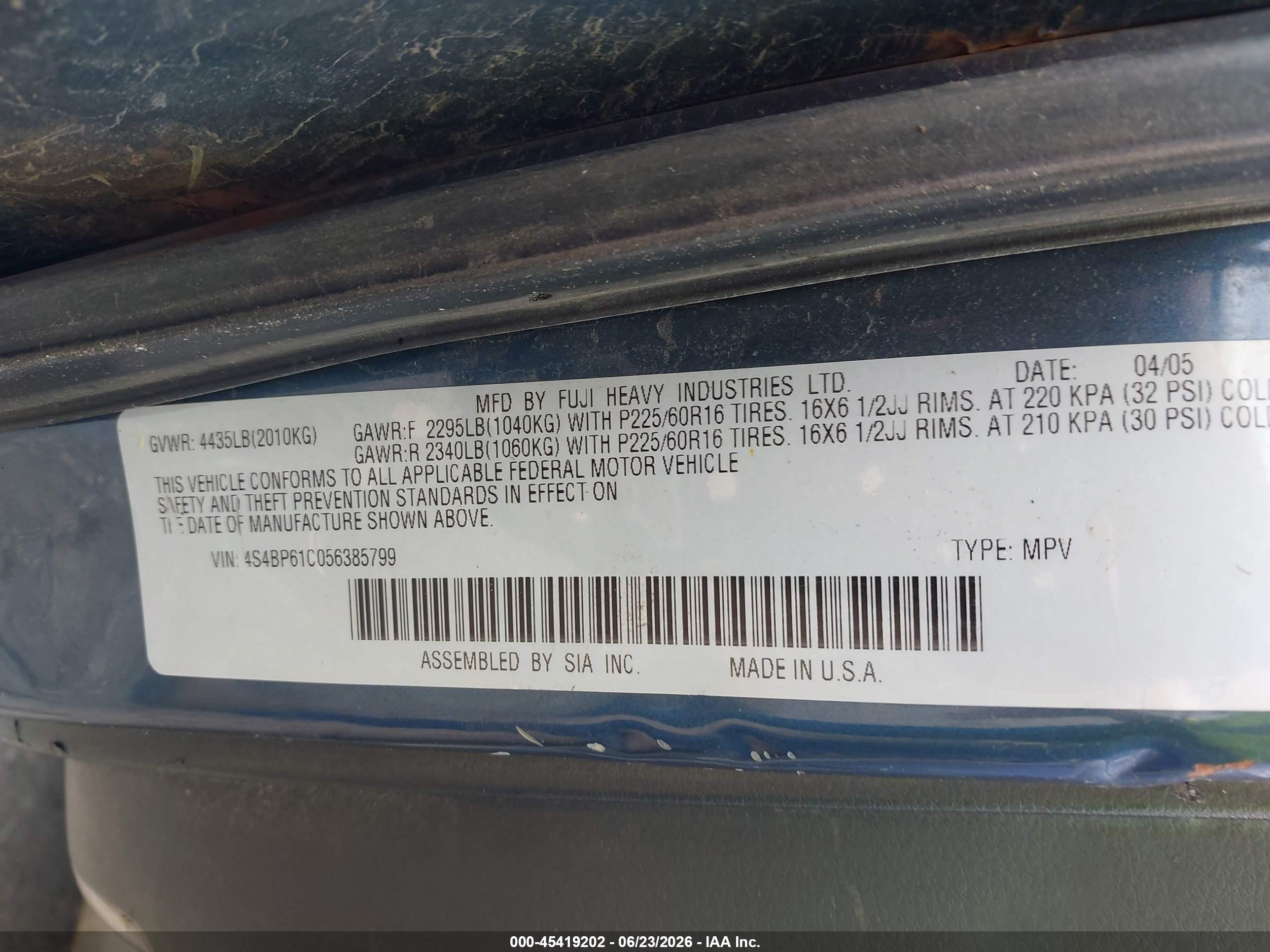 2005 Subaru Outback 2.5i Blue vin: 4S4BP61C056385799