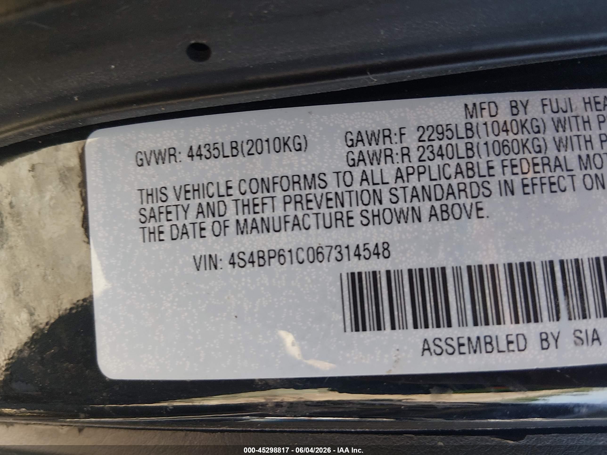 2006 Subaru Outback 2.5i Черный vin: 4S4BP61C067314548