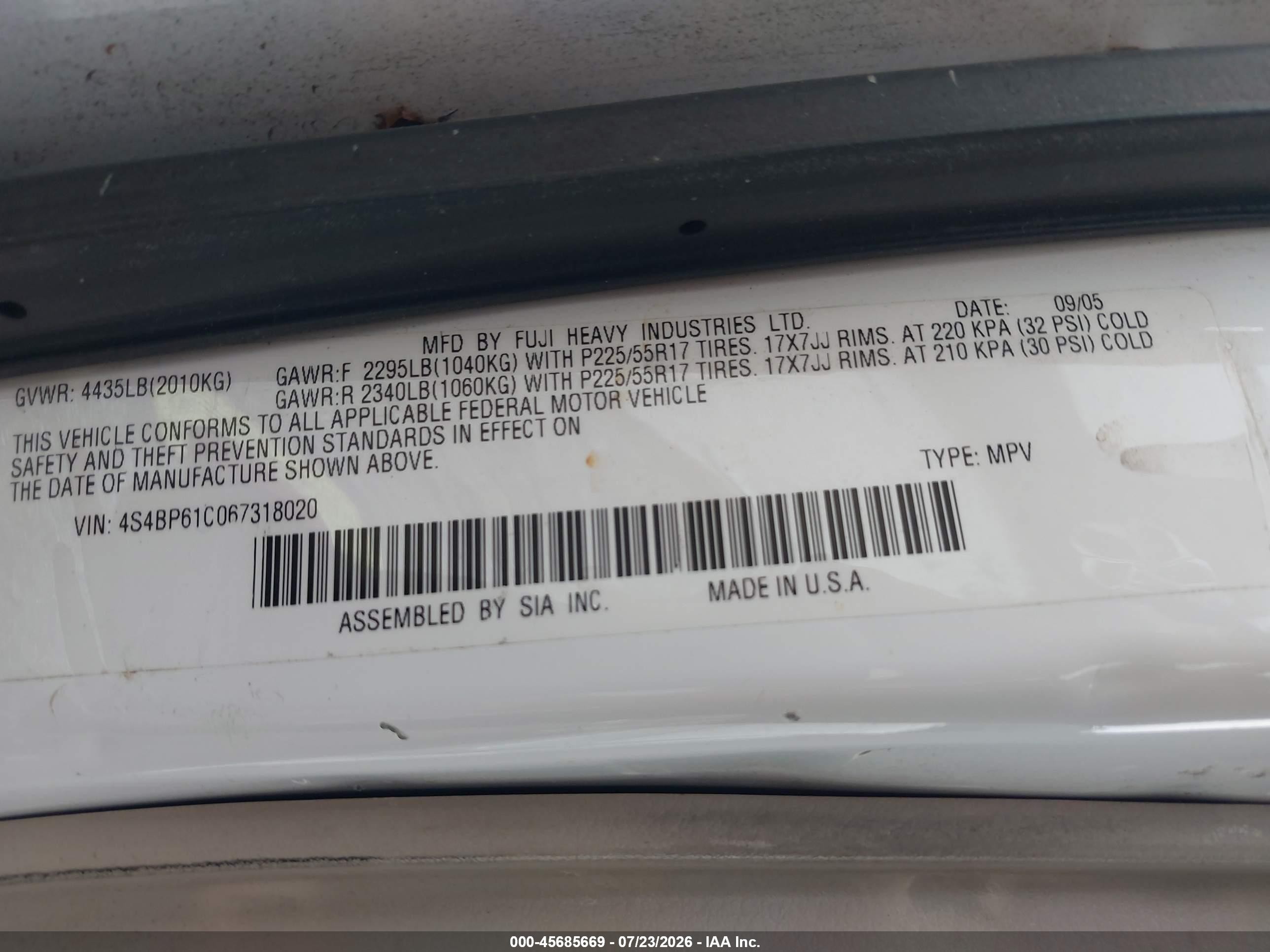 2006 Subaru Legacy   White vin: 4S4BP61C067318020
