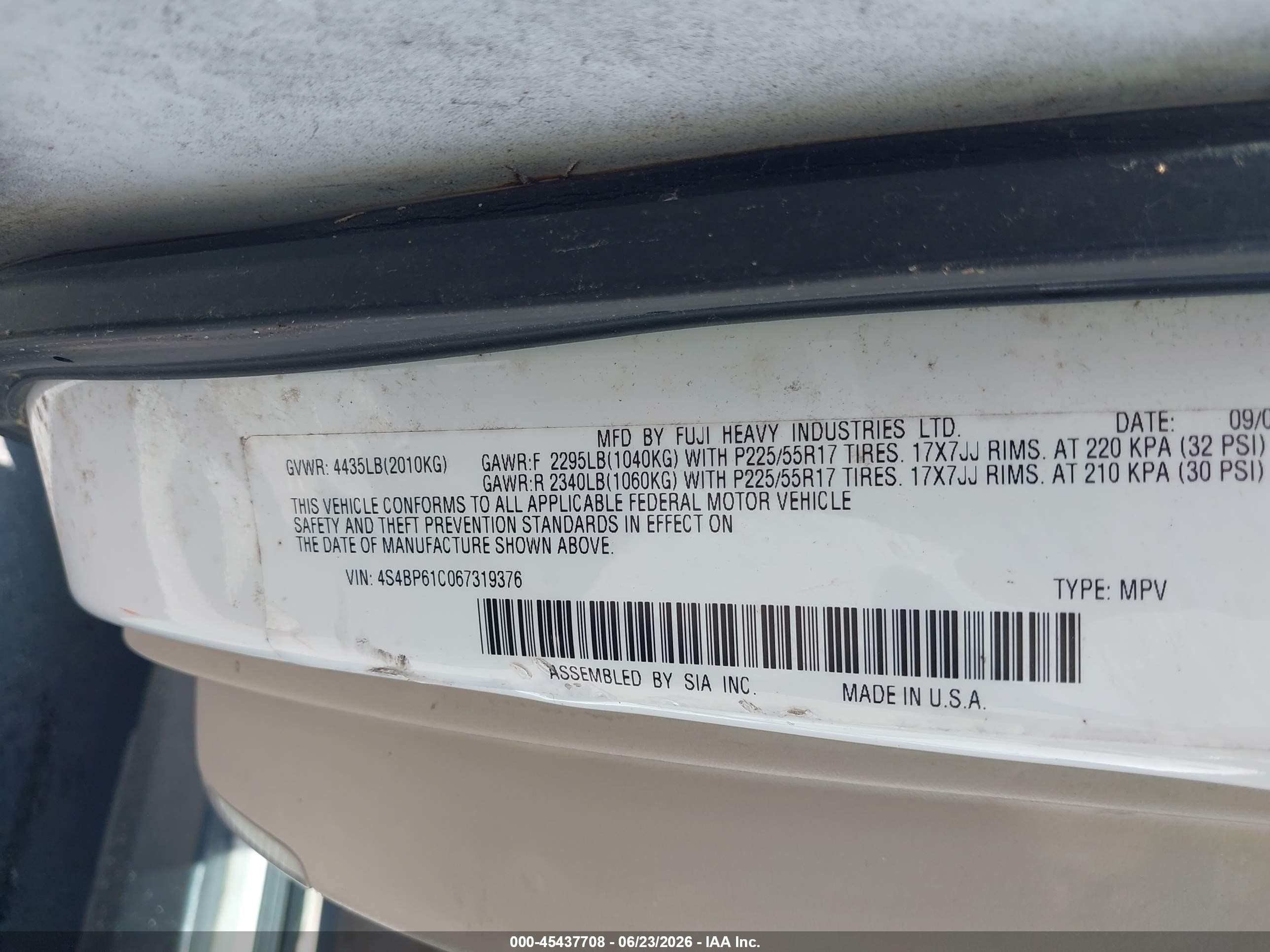 2006 Subaru Outback 2.5i White vin: 4S4BP61C067319376