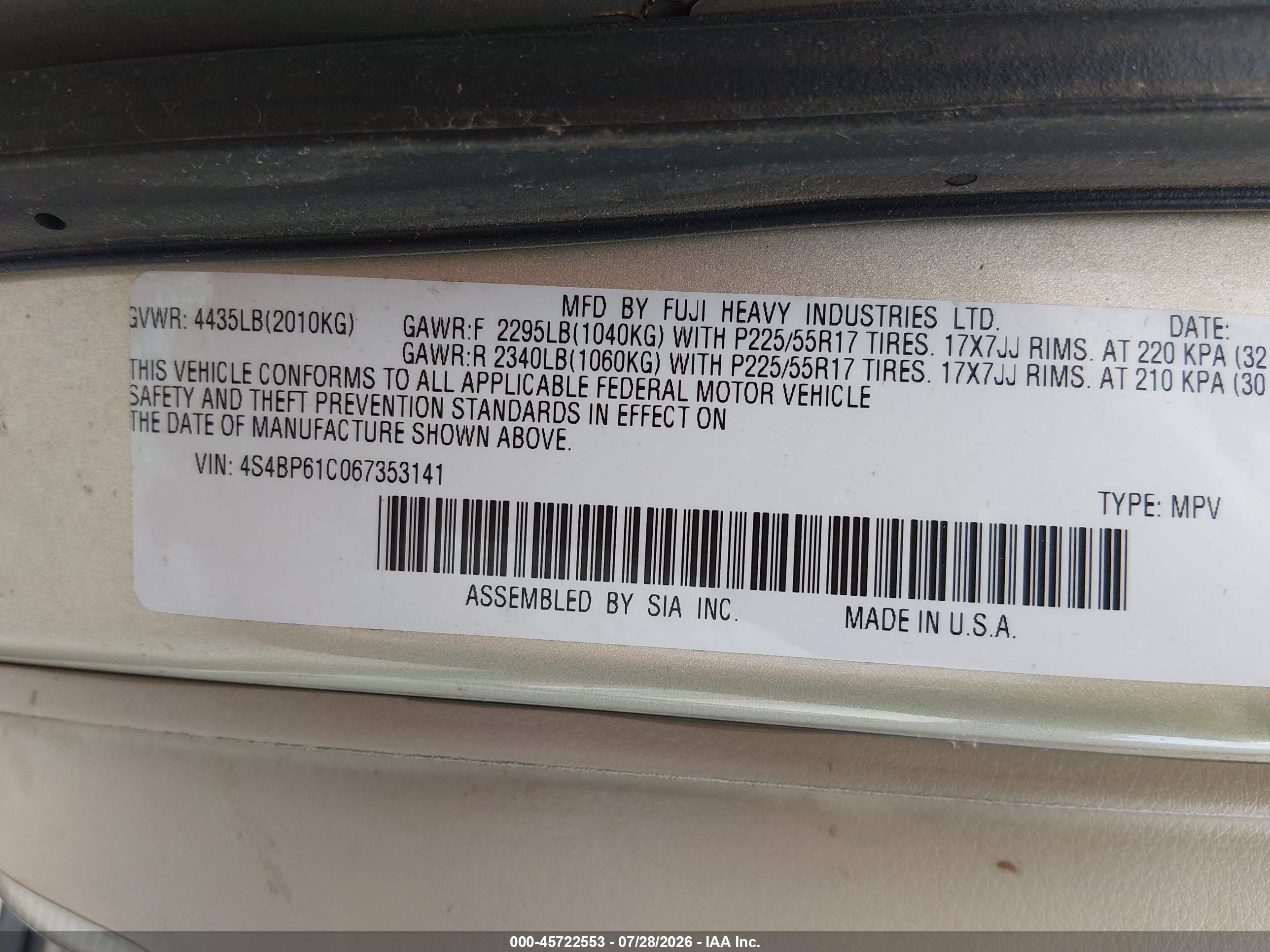 2006 Subaru Outback 2.5i Green vin: 4S4BP61C067353141