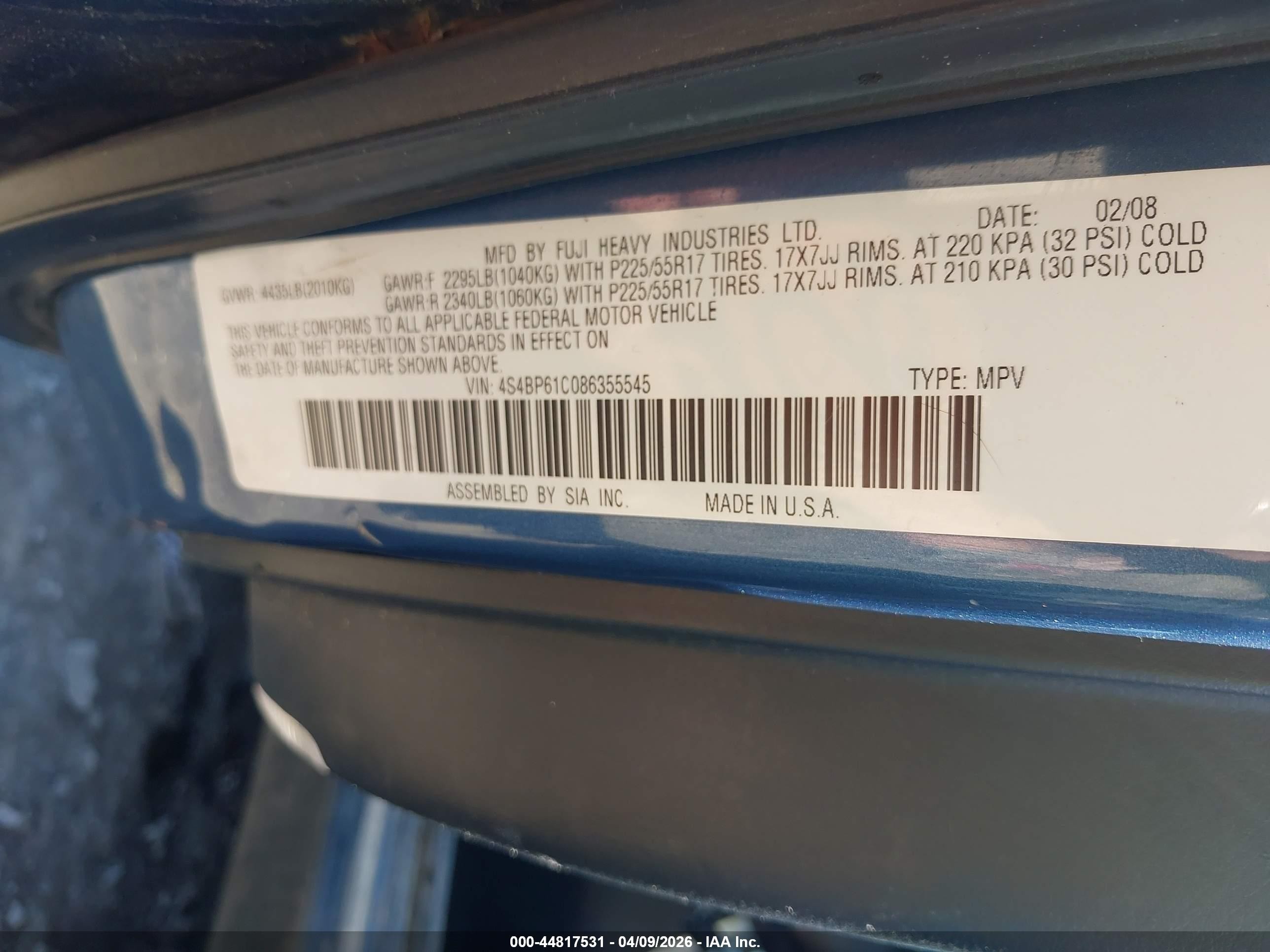 2008 Subaru Outback 2.5i Blue vin: 4S4BP61C086355545