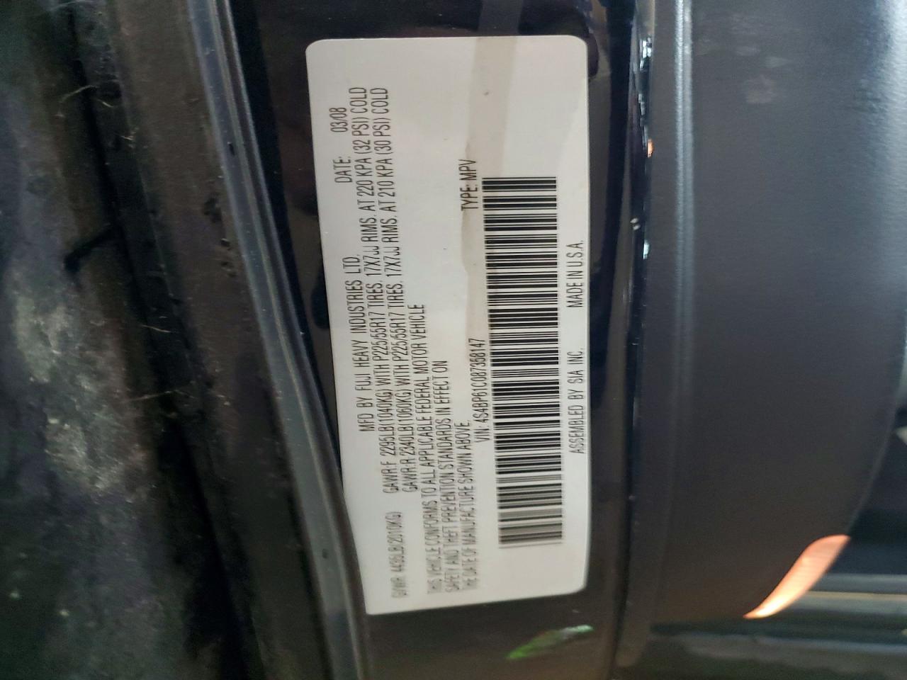 2008 Subaru Outback 2.5i Black vin: 4S4BP61C087358147