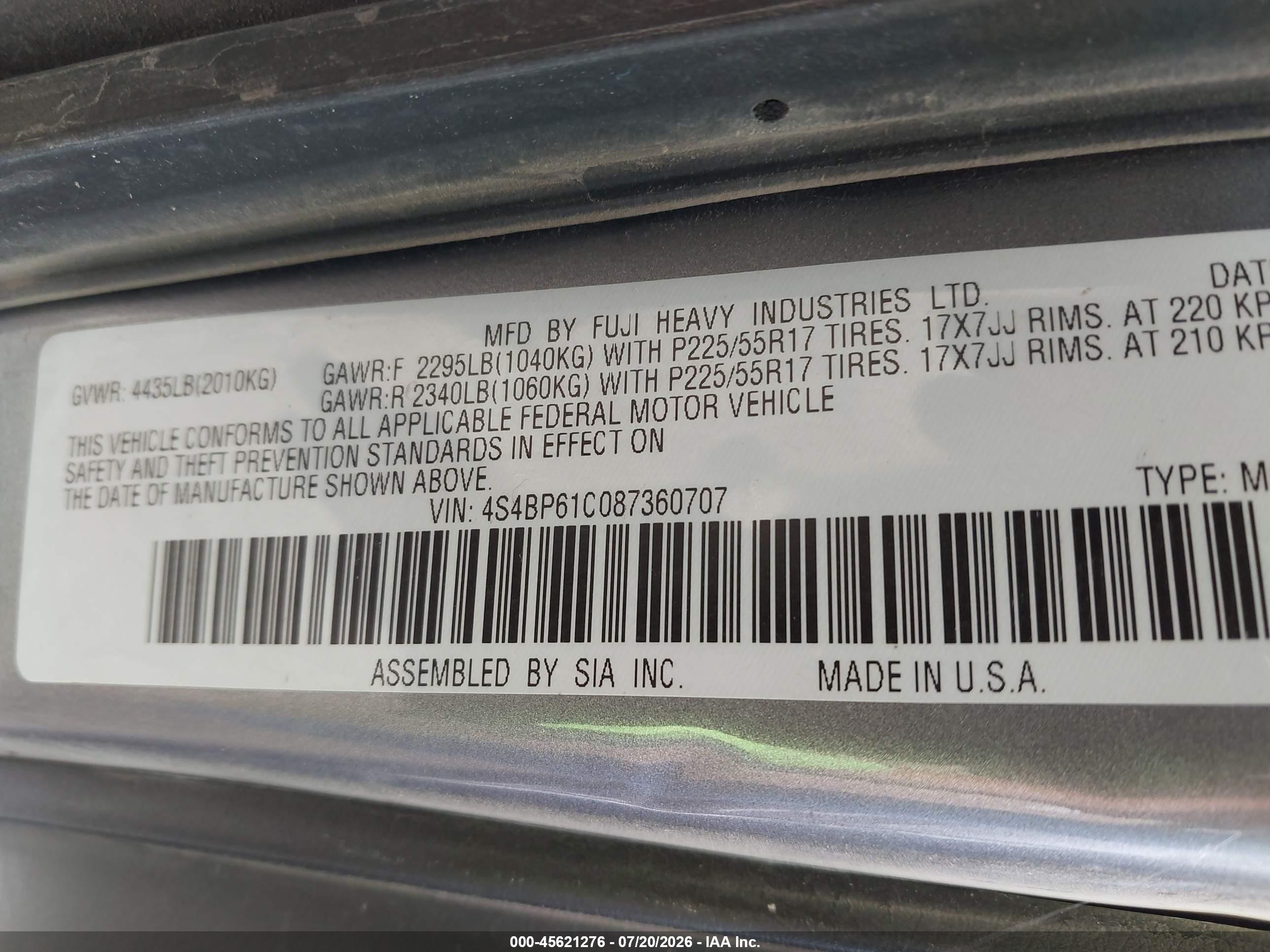 2008 Subaru Outback (natl) I/ll Bean W/nav/ll Bean W/nav/vdc Silver vin: 4S4BP61C087360707