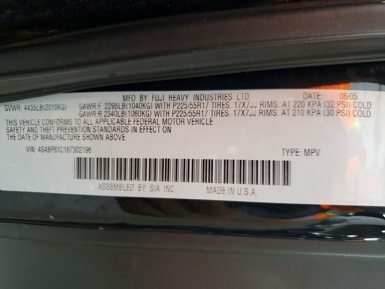 2006 Subaru Legacy Outback 2.5i Black vin: 4S4BP61C167302196