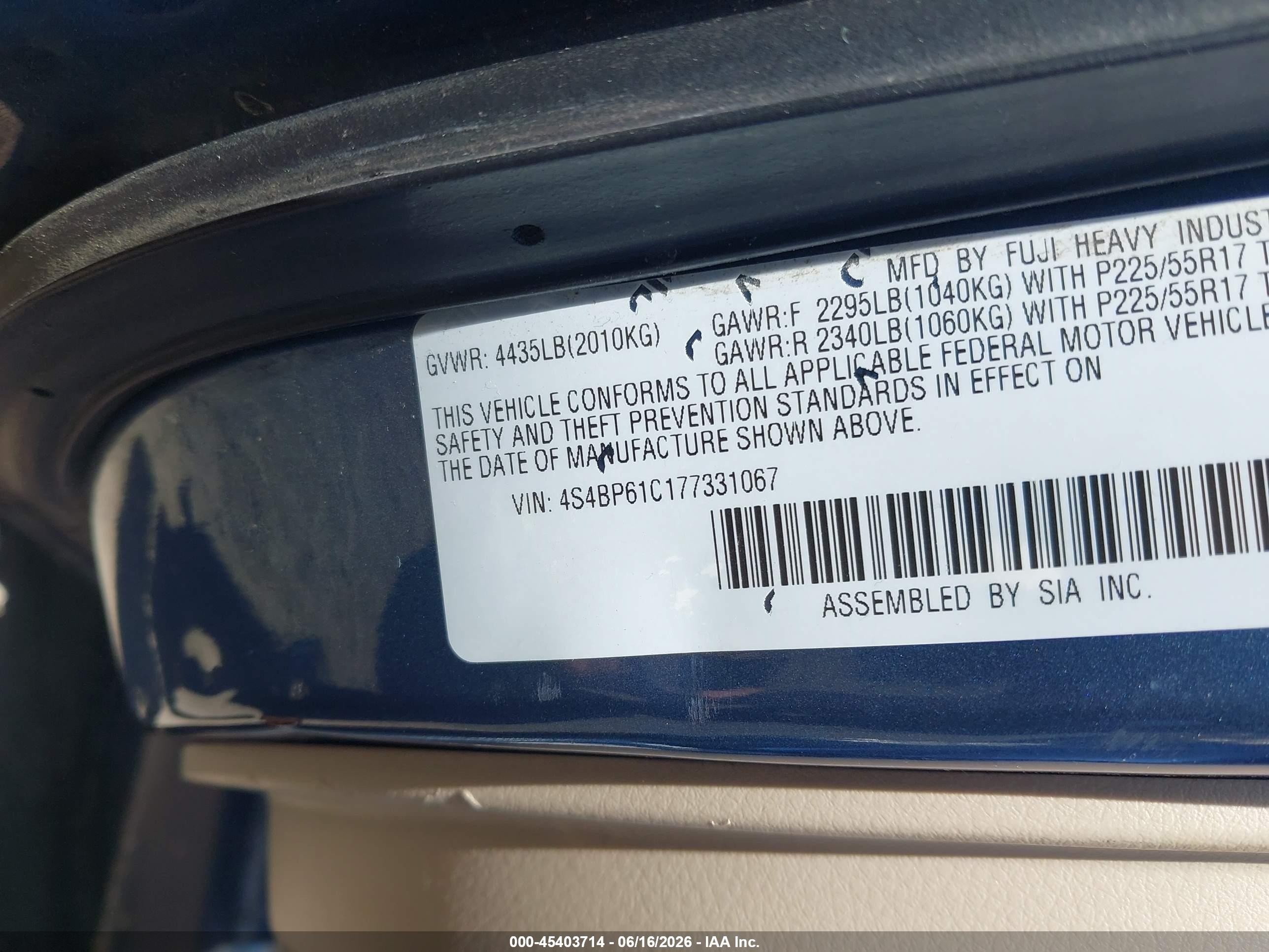 2007 Subaru Outback 2.5i Blue vin: 4S4BP61C177331067