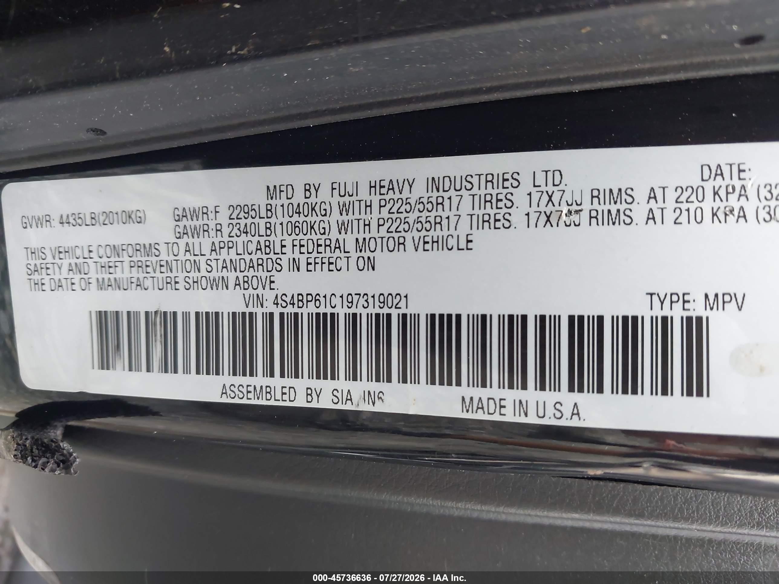 2009 Subaru Outback 2.5i Black vin: 4S4BP61C197319021