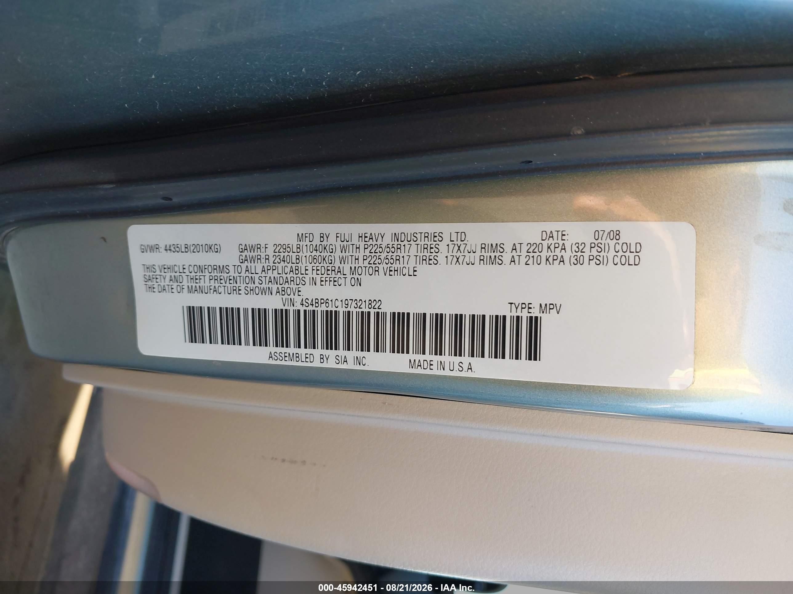 2009 Subaru Outback 2.5i Light Blue vin: 4S4BP61C197321822