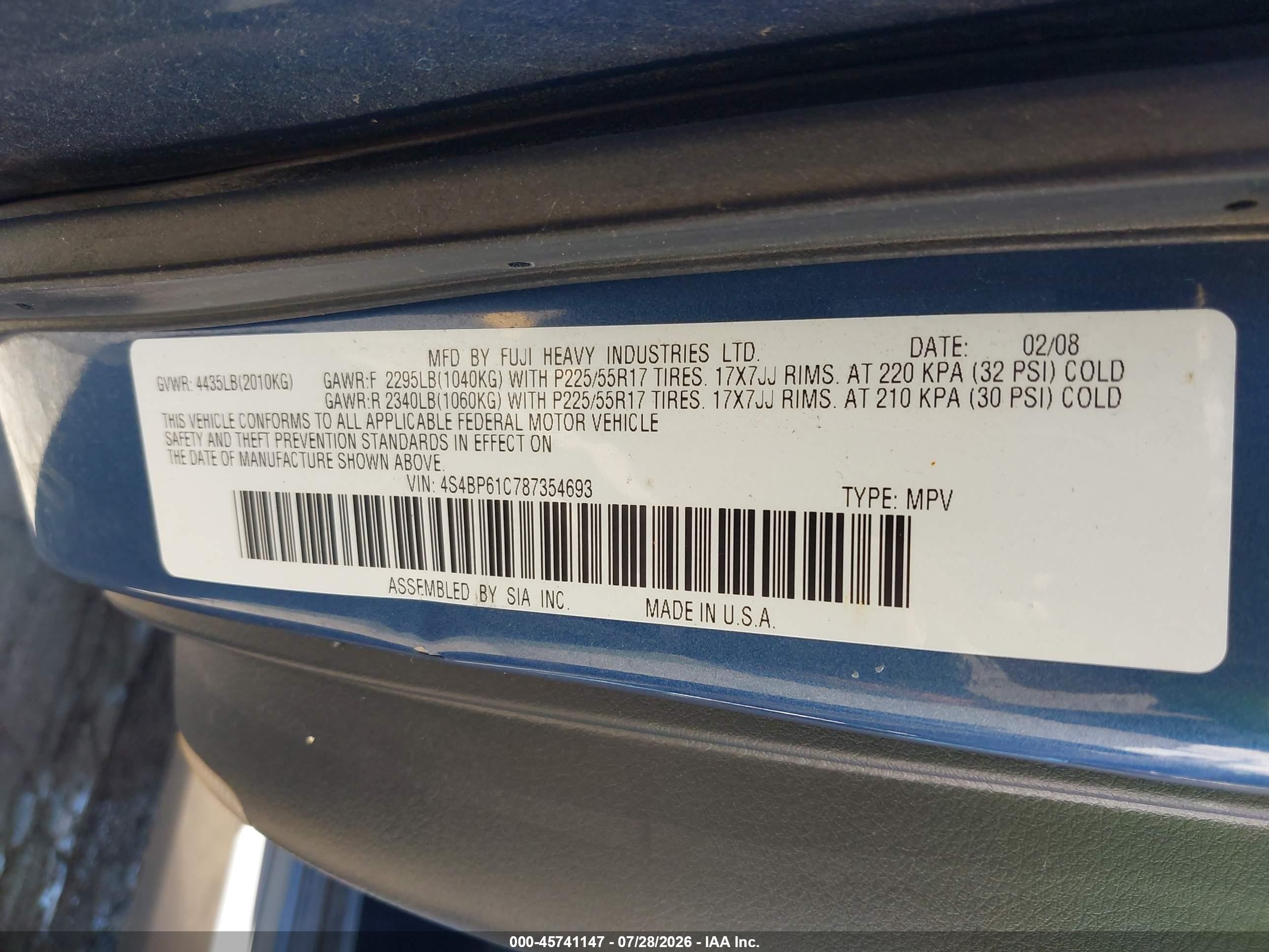 2006 Subaru Outback 2.5i Blue vin: 4S4BP61C267336437