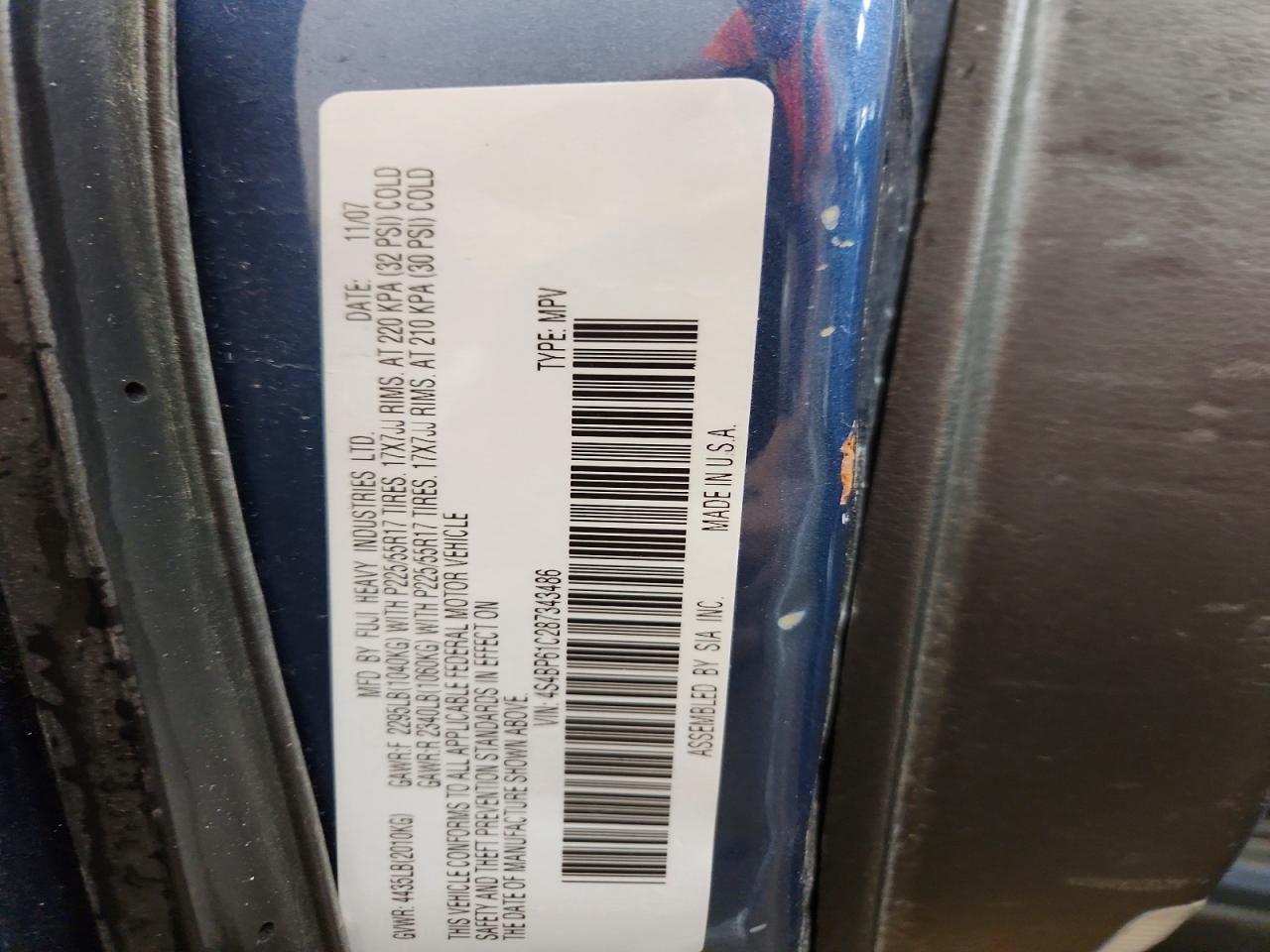 2008 Subaru Outback 2.5i Blue vin: 4S4BP61C287343486