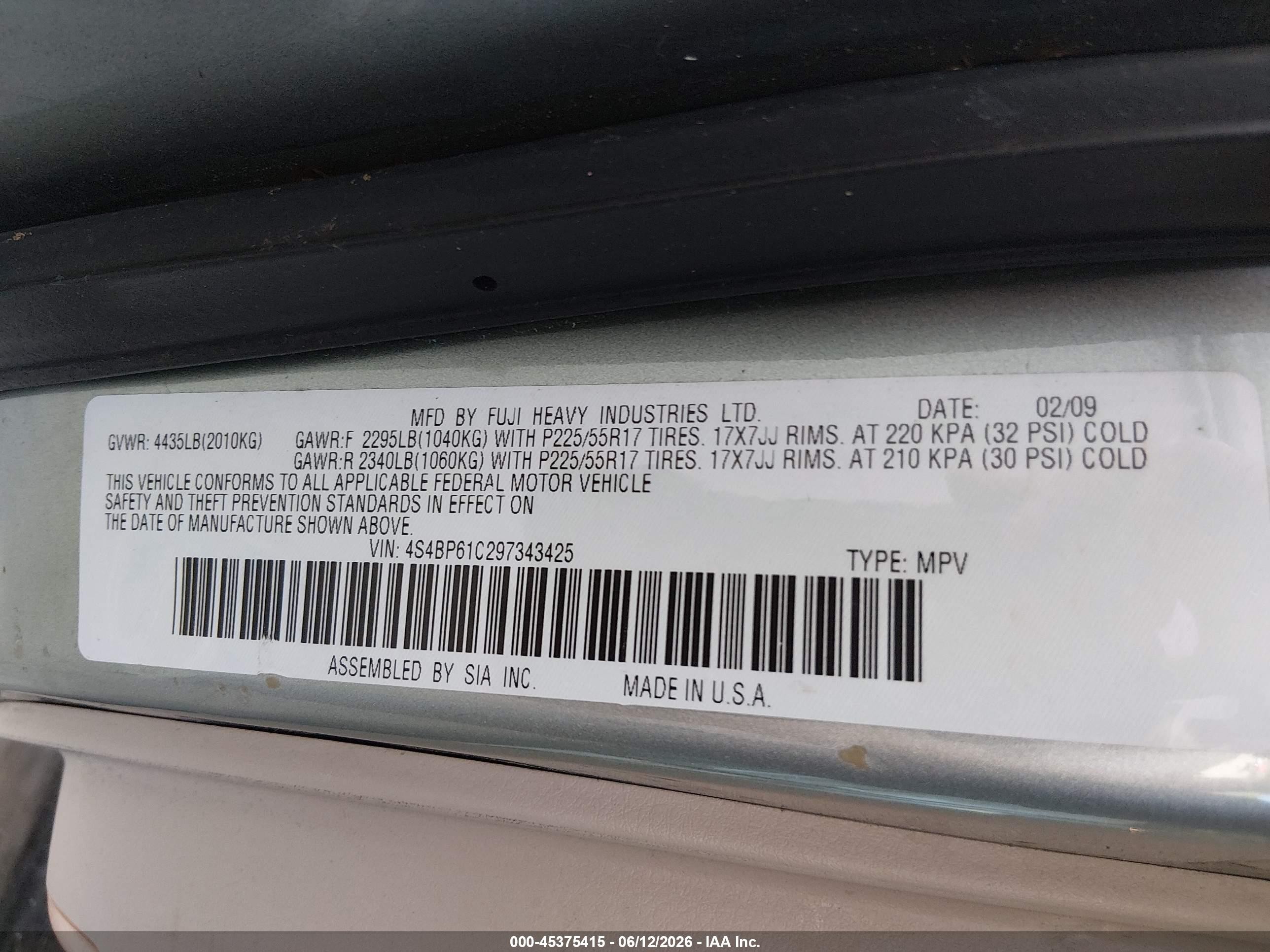 2009 Subaru Outback 2.5i Green vin: 4S4BP61C297343425