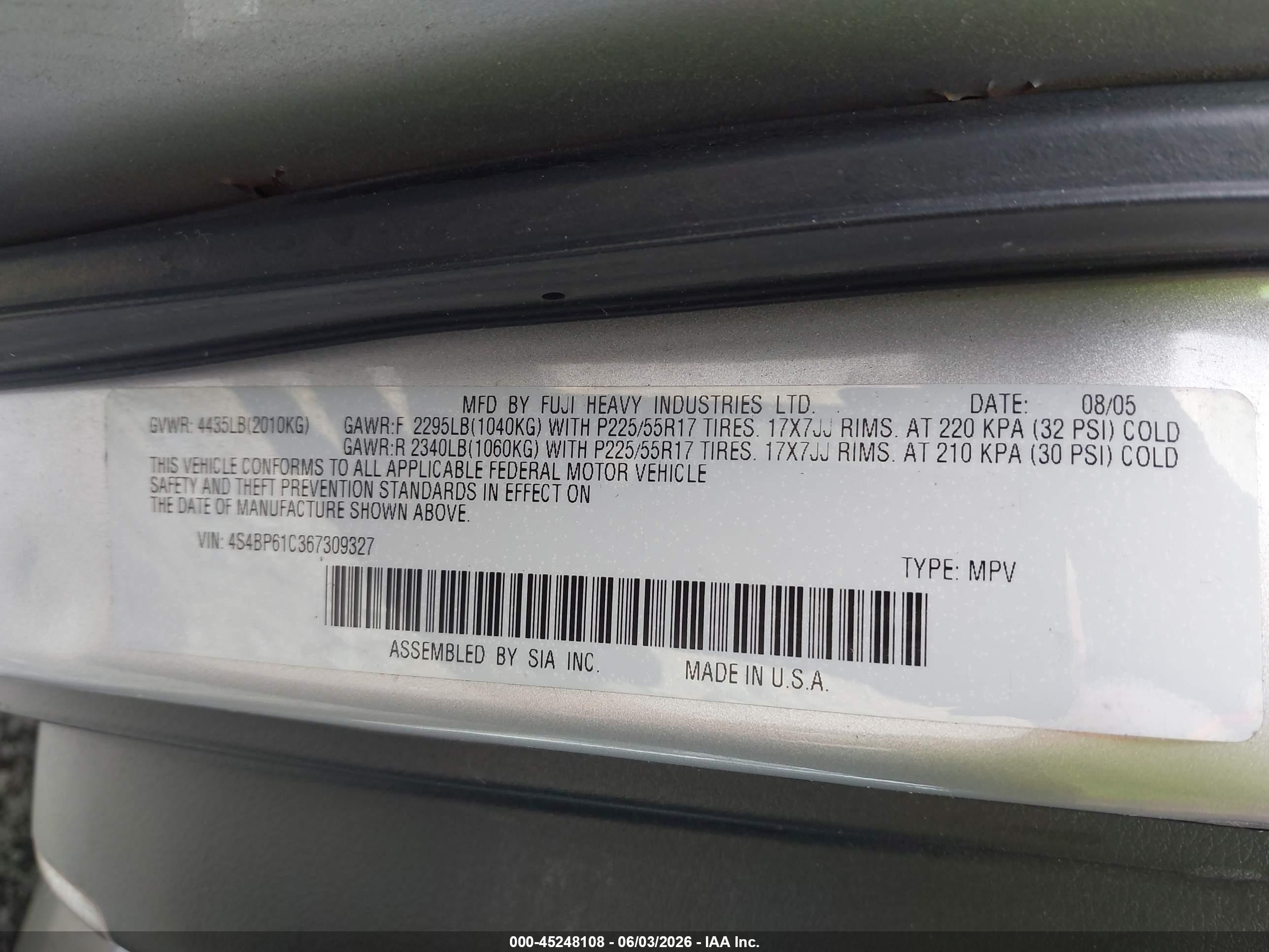 2006 Subaru Outback 2.5i Silver vin: 4S4BP61C367309327